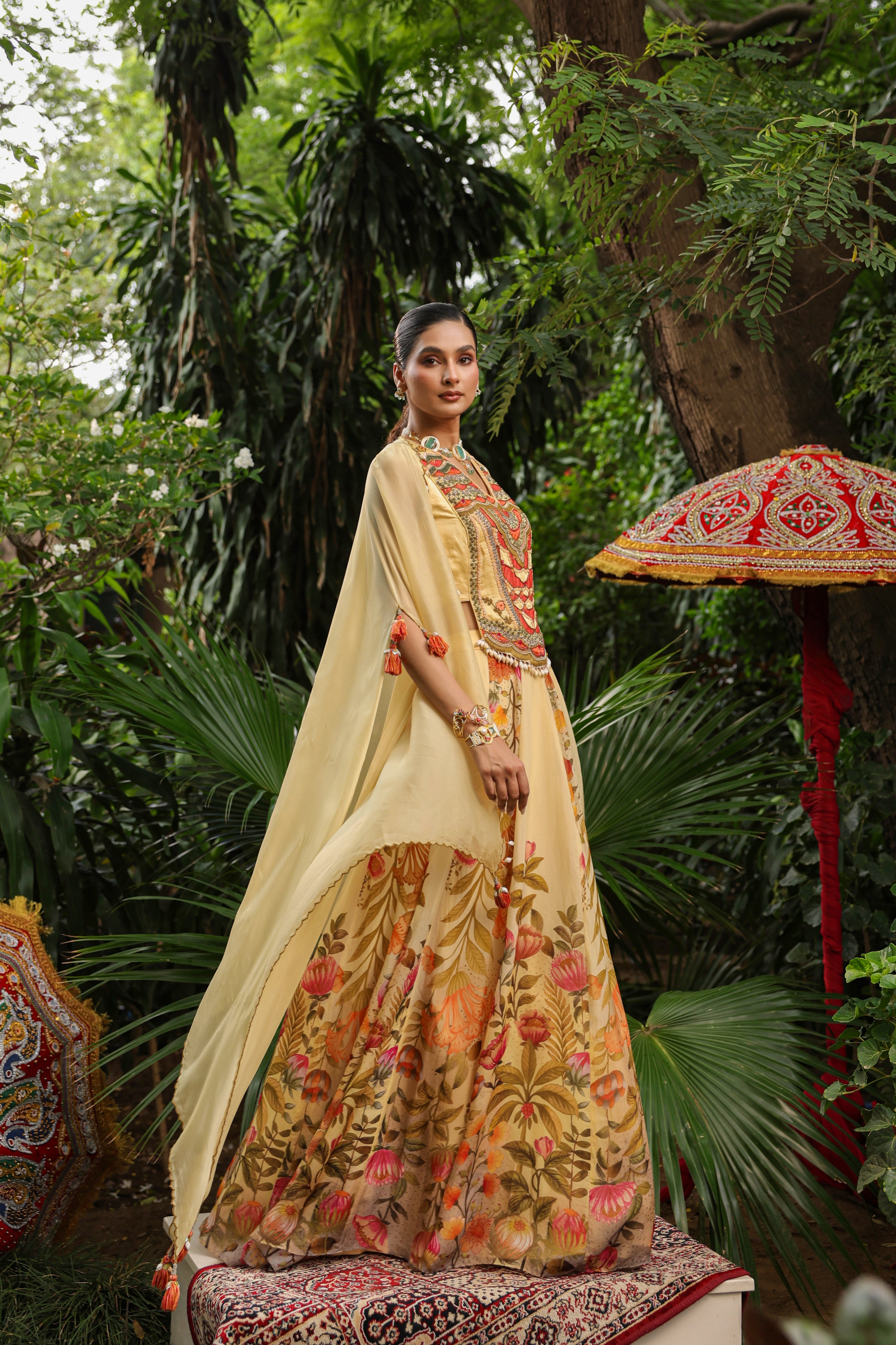 Primrose Yellow Embellished Organza Silk Cape Lehenga Set