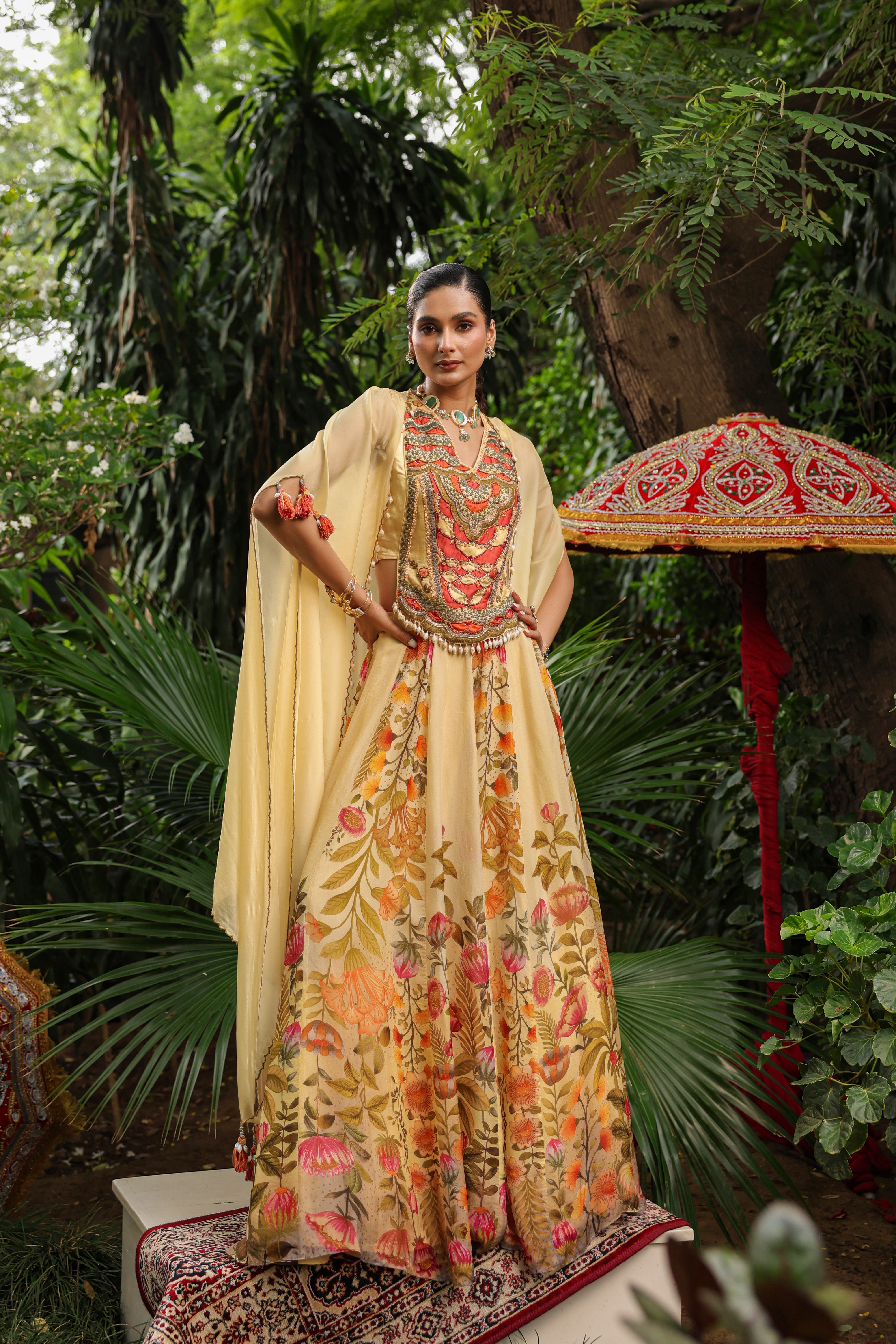 Primrose Yellow Embellished Organza Silk Cape Lehenga Set