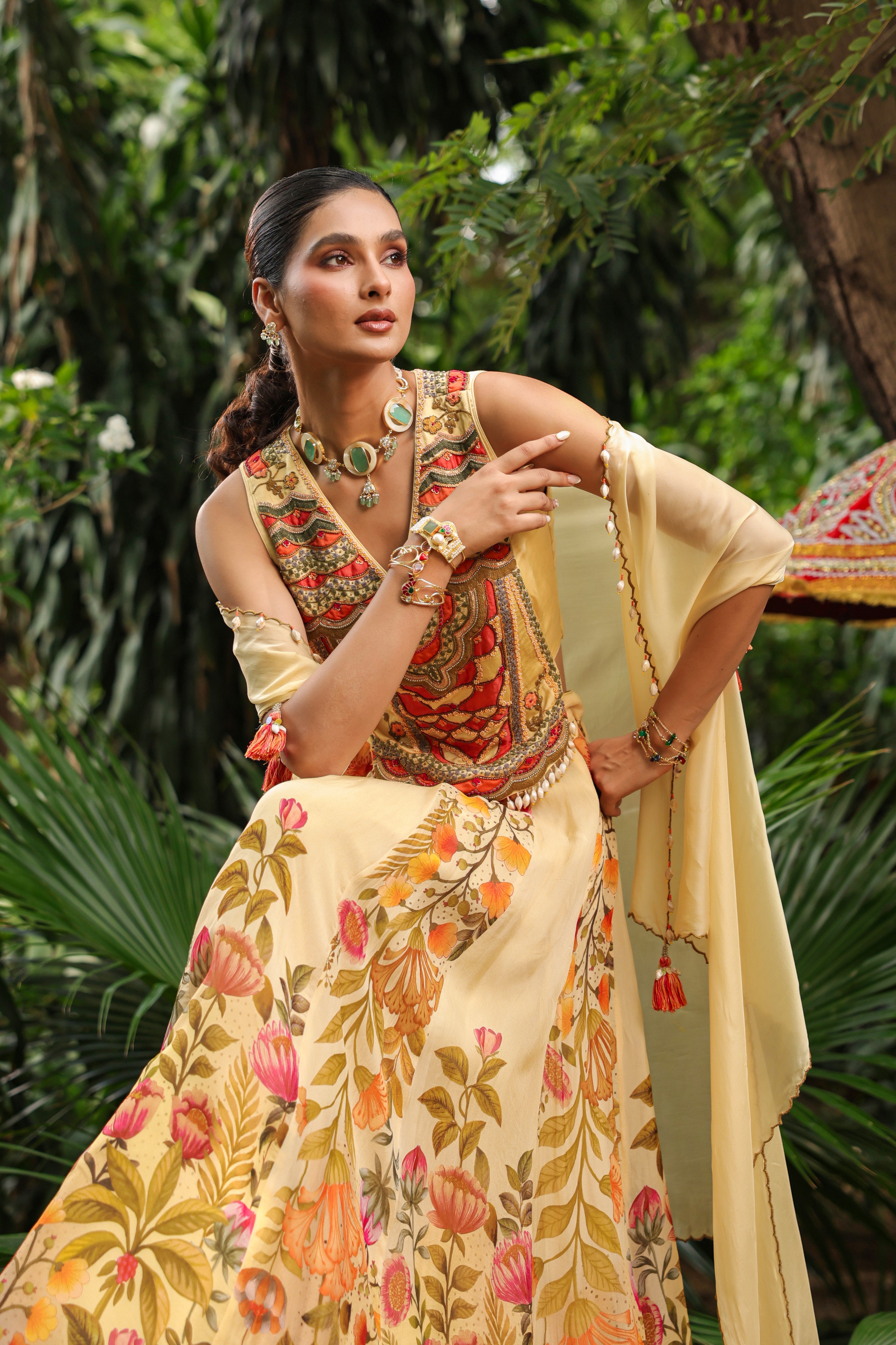Primrose Yellow Embellished Organza Silk Cape Lehenga Set