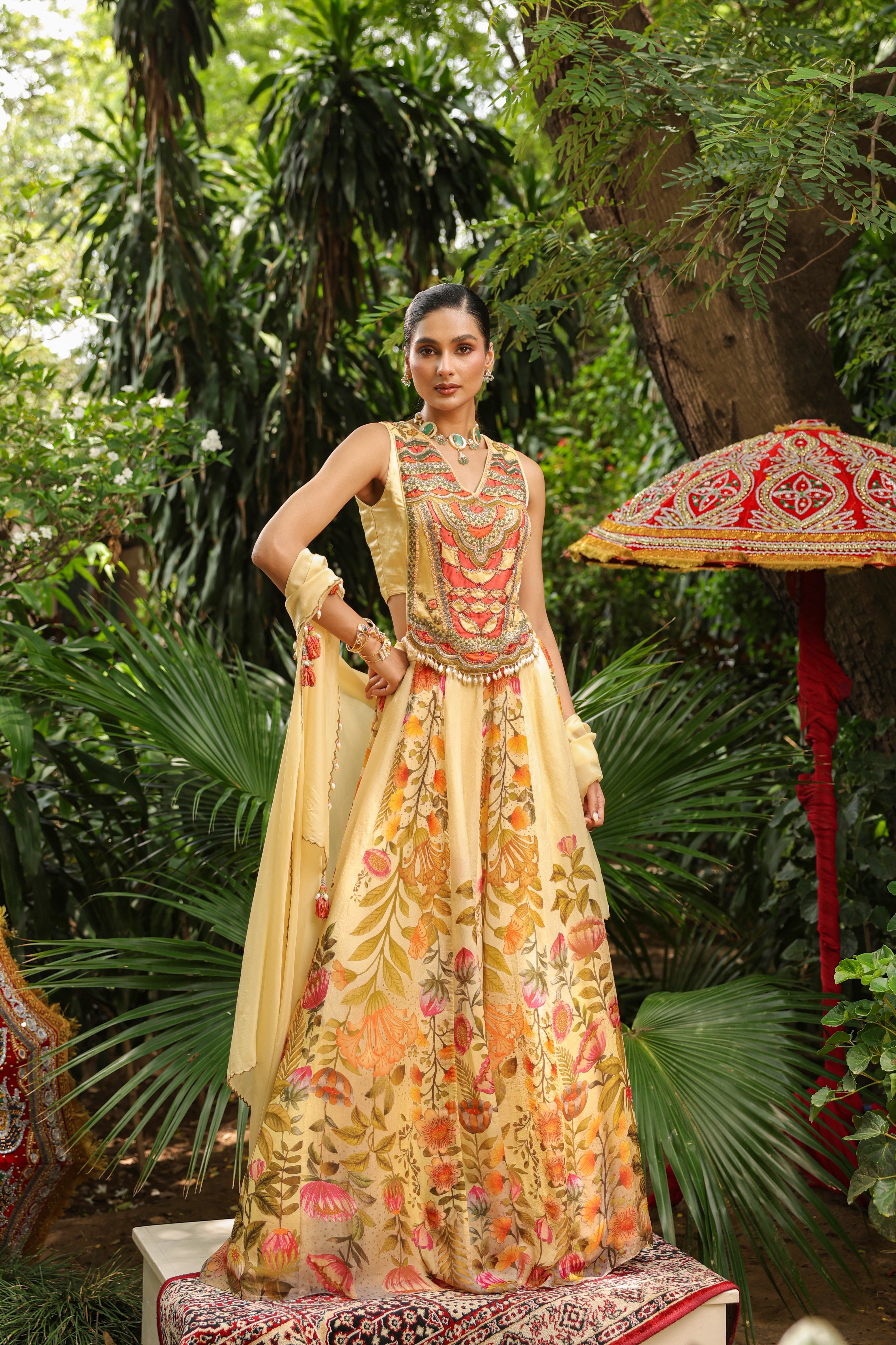 Primrose Yellow Embellished Organza Silk Cape Lehenga Set