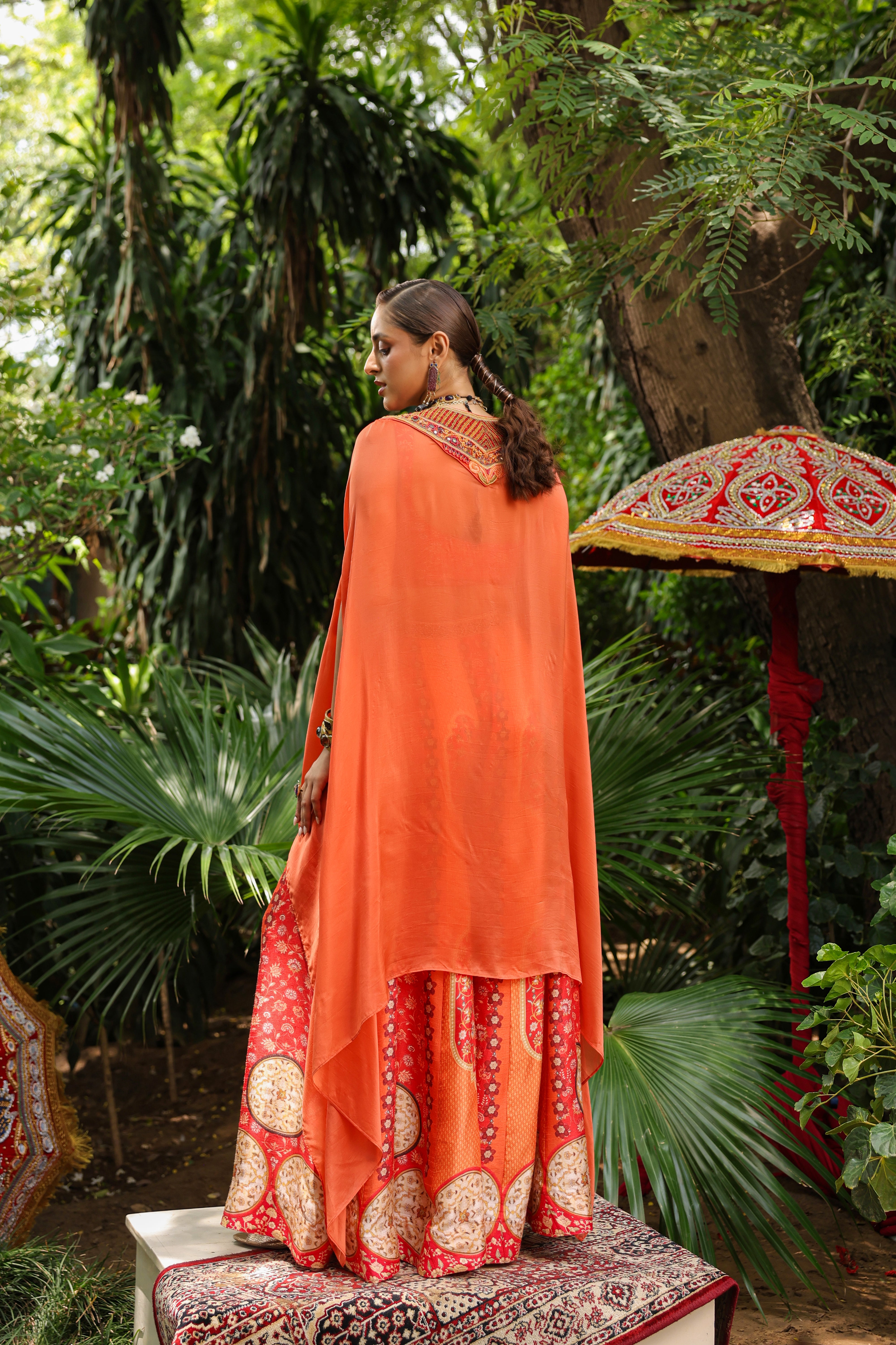 Coral Red Embellished Raw Silk Cape Set