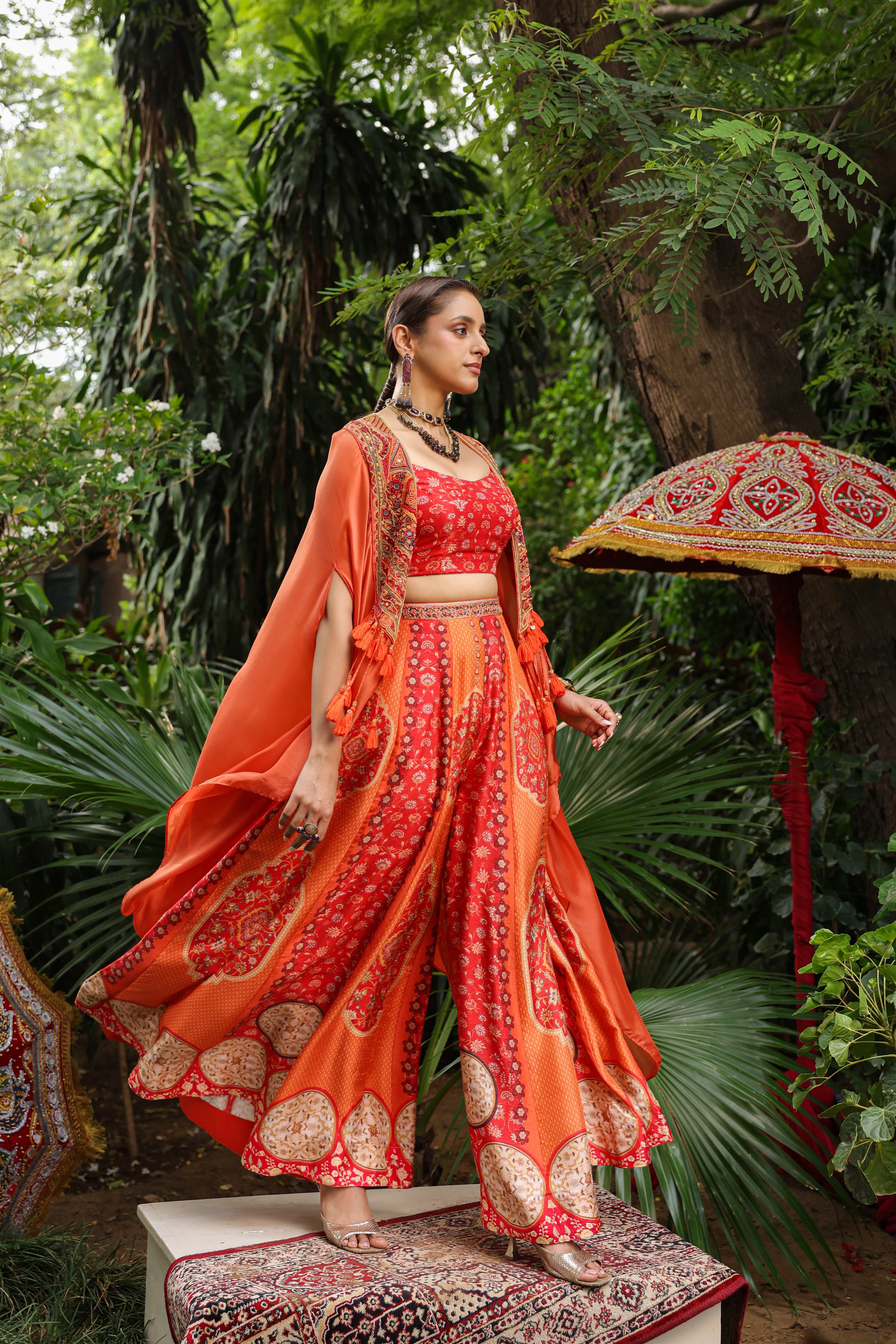 Coral Red Embellished Raw Silk Cape Set