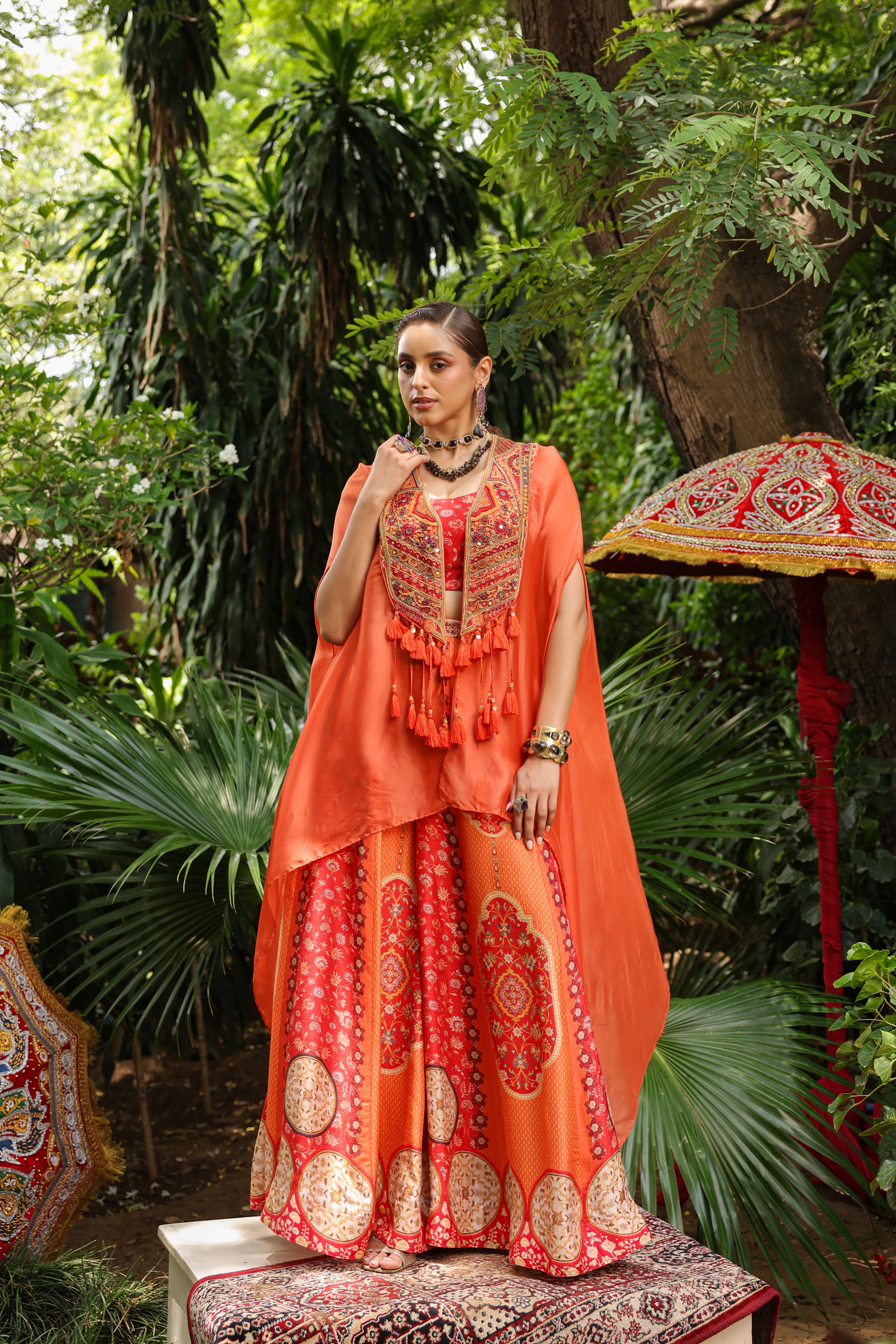 Coral Red Embellished Raw Silk Cape Set