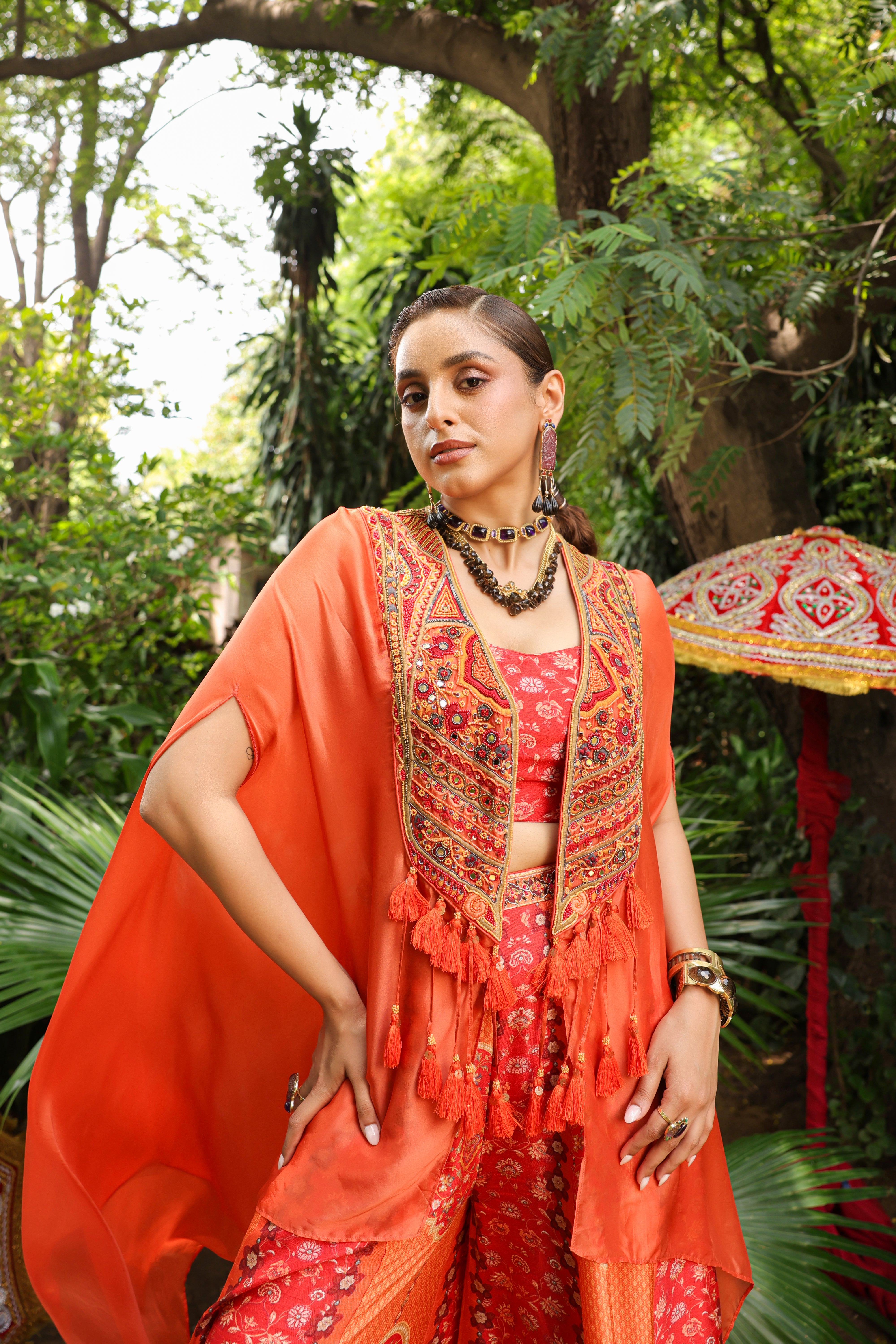 Coral Red Embellished Raw Silk Cape Set