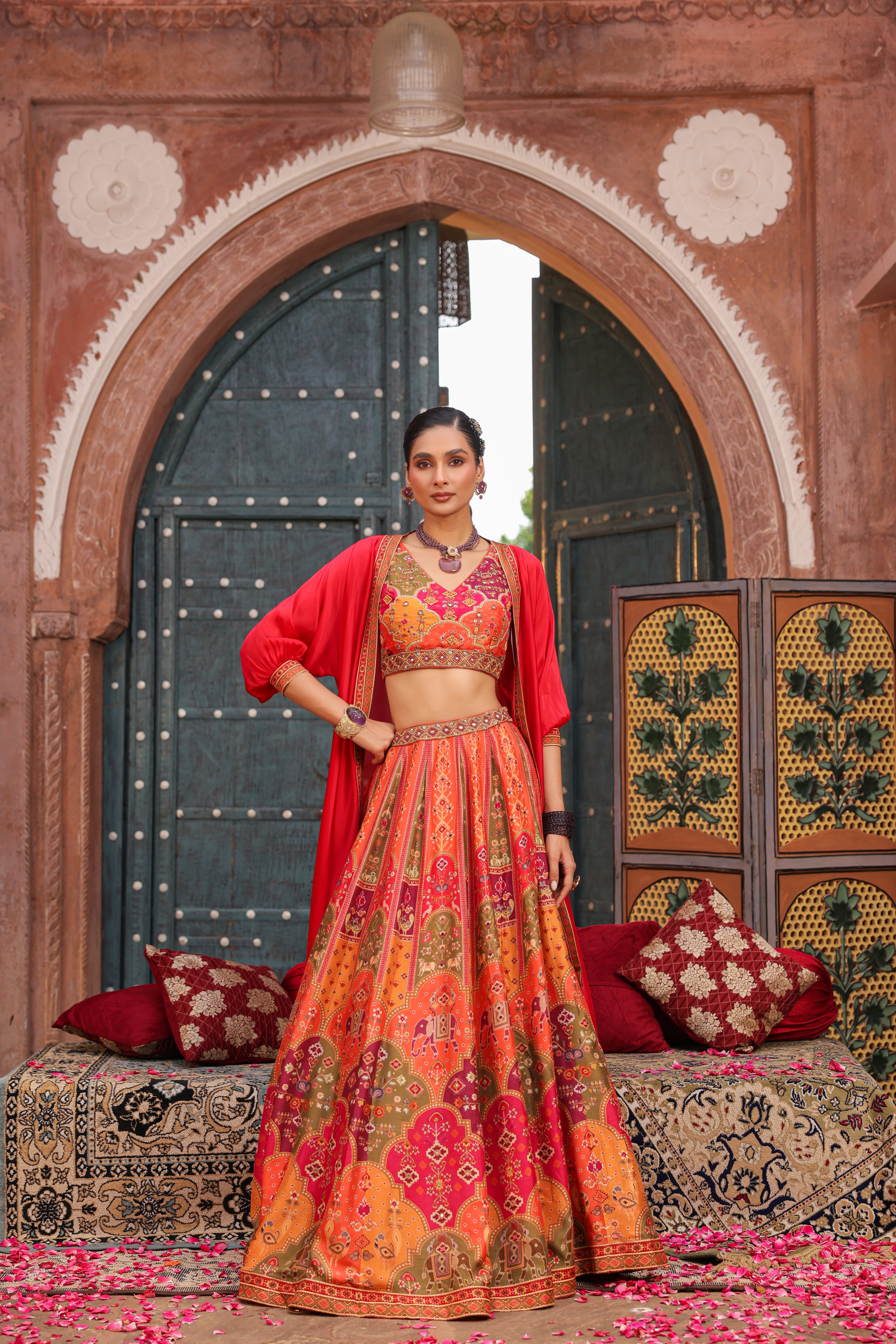 Red Poppy Embellished Raw Silk Lehenga Set