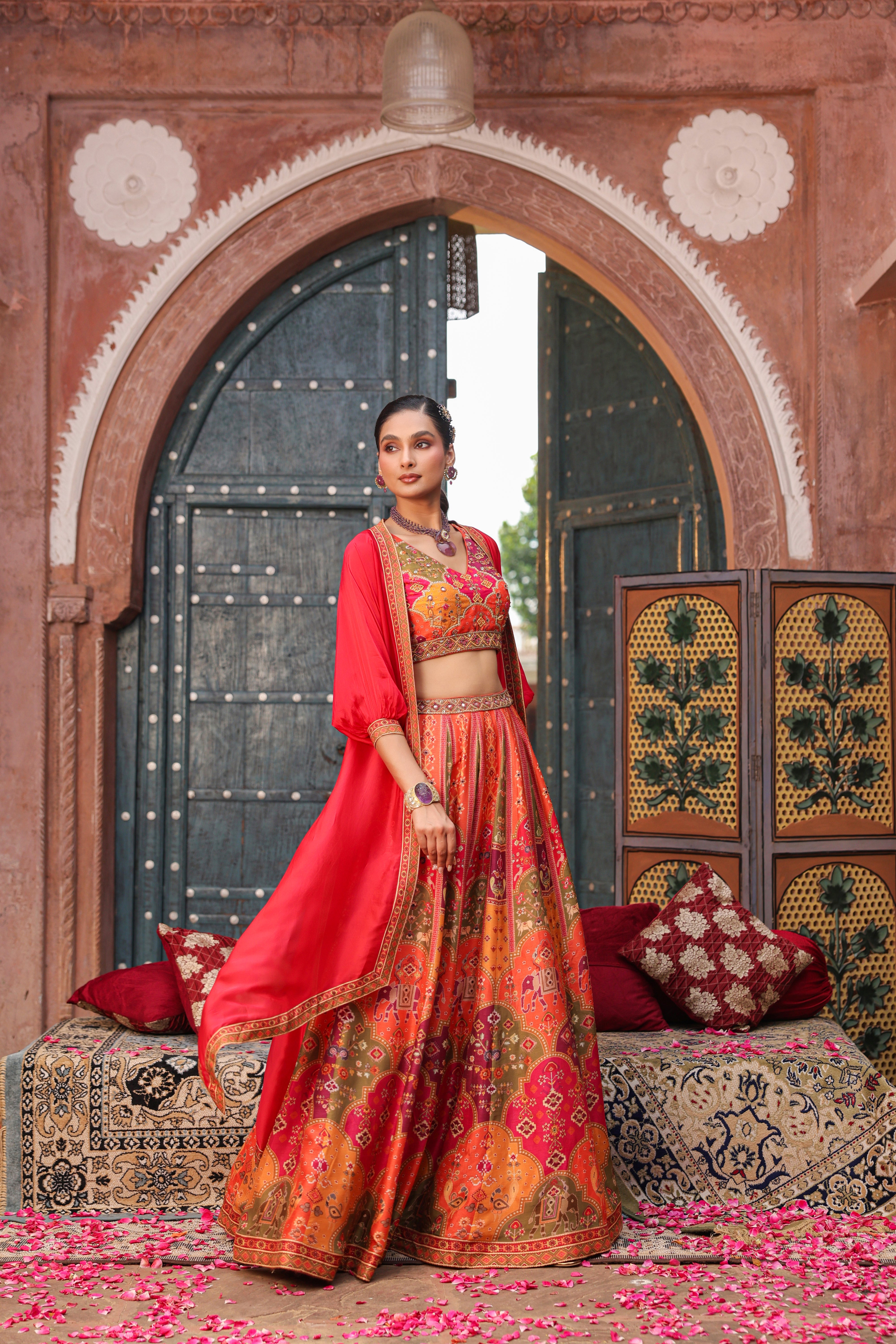 Red Poppy Embellished Raw Silk Lehenga Set