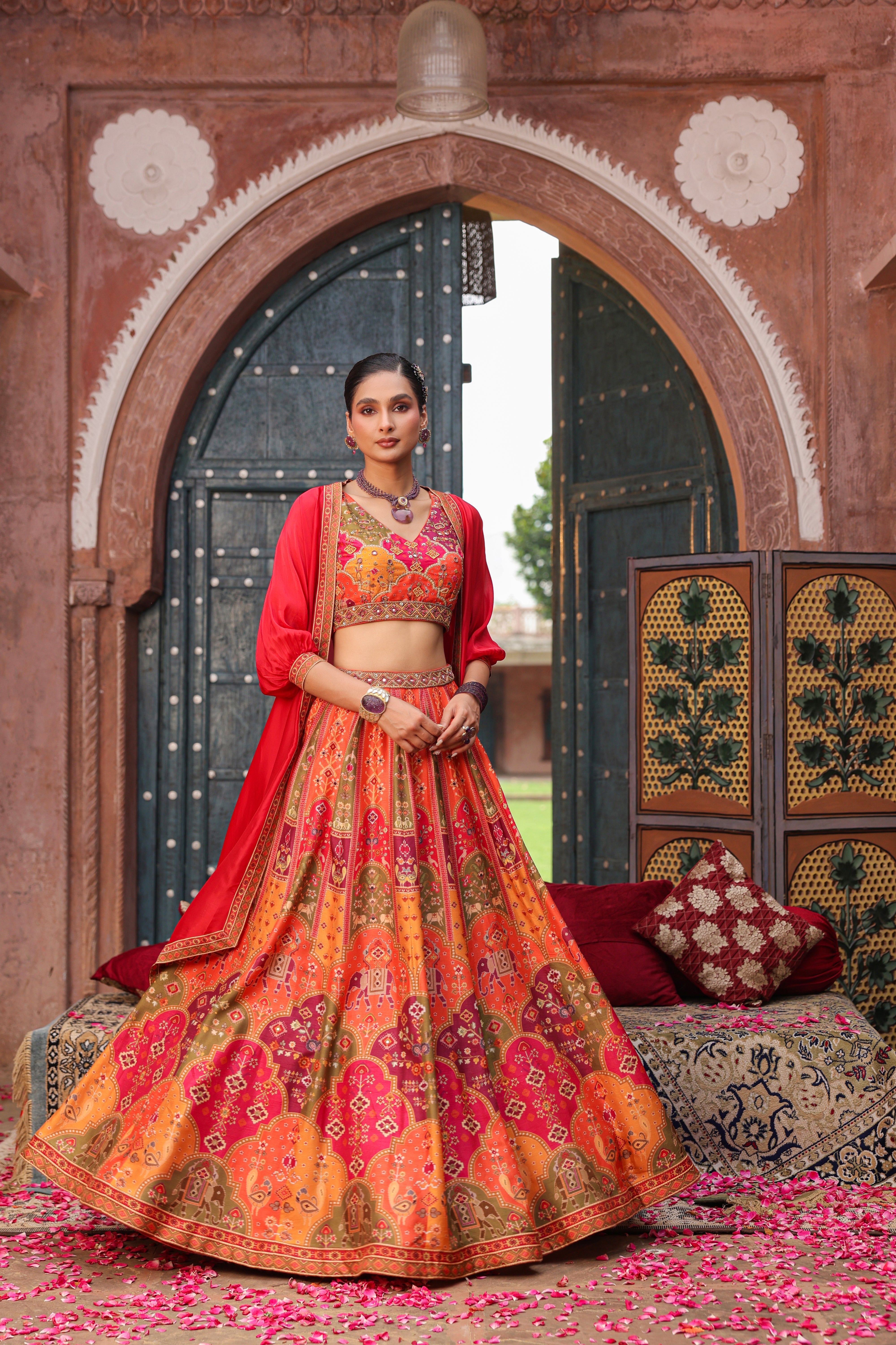Red Poppy Embellished Raw Silk Lehenga Set