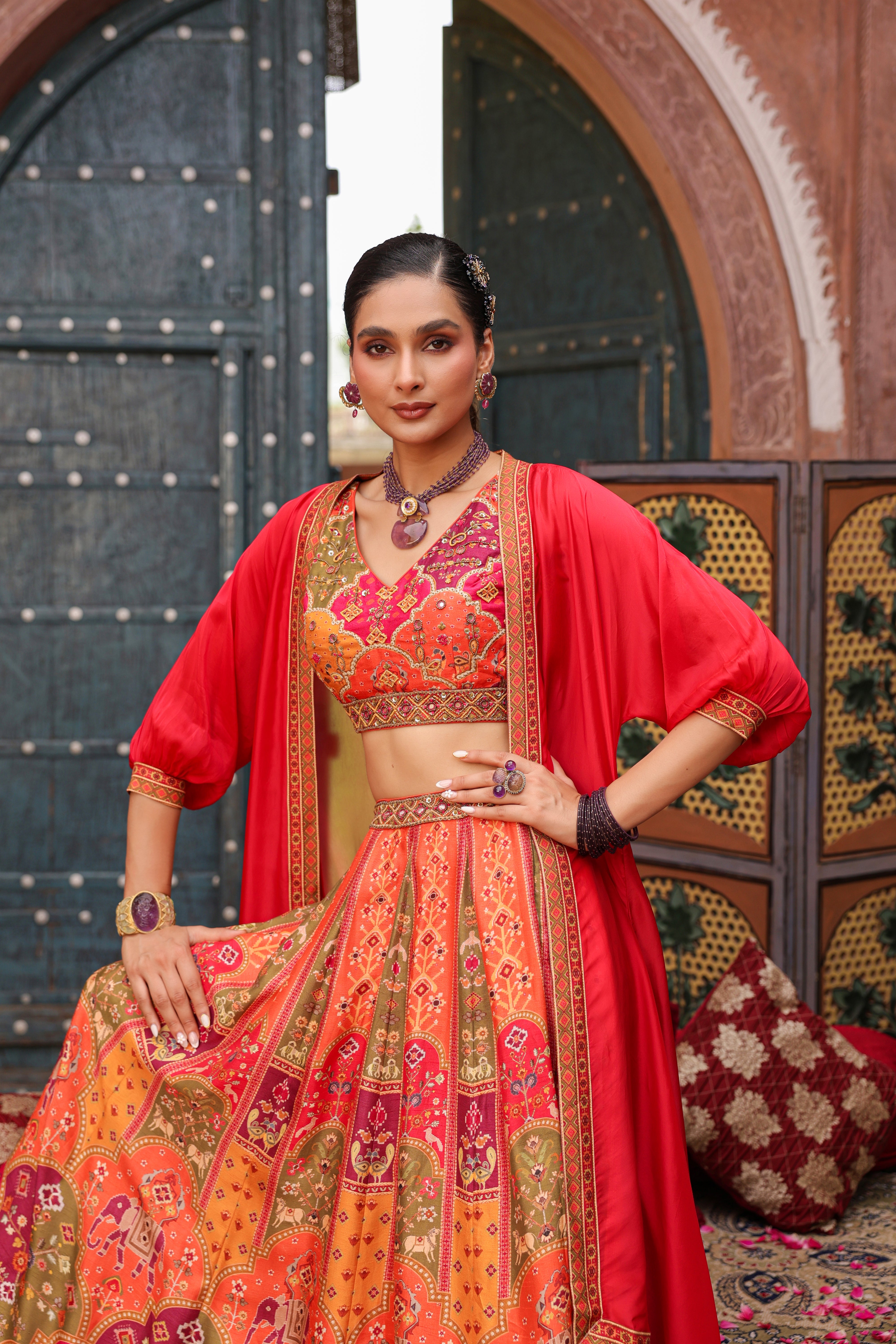 Red Poppy Embellished Raw Silk Lehenga Set