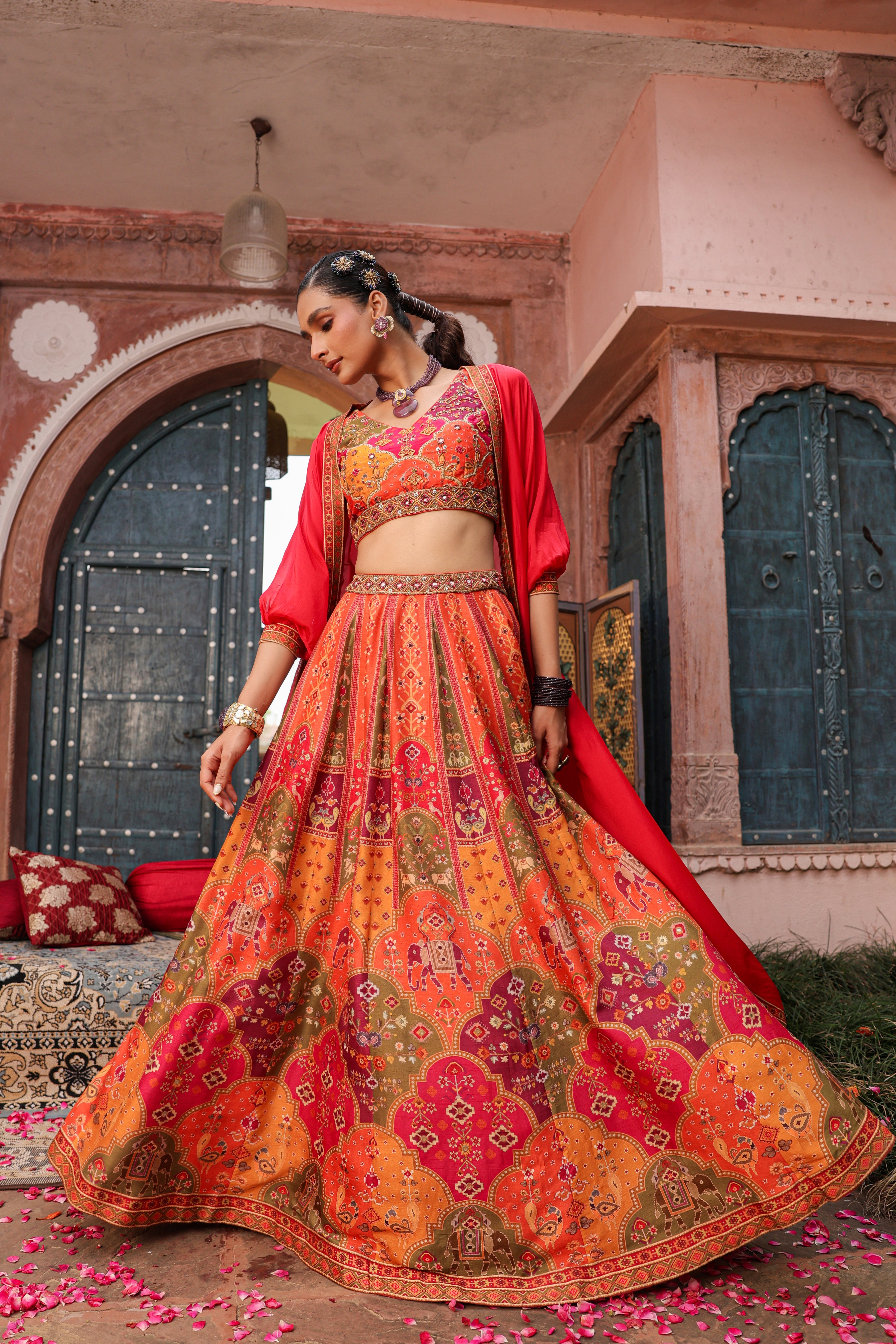 Red Poppy Embellished Raw Silk Lehenga Set
