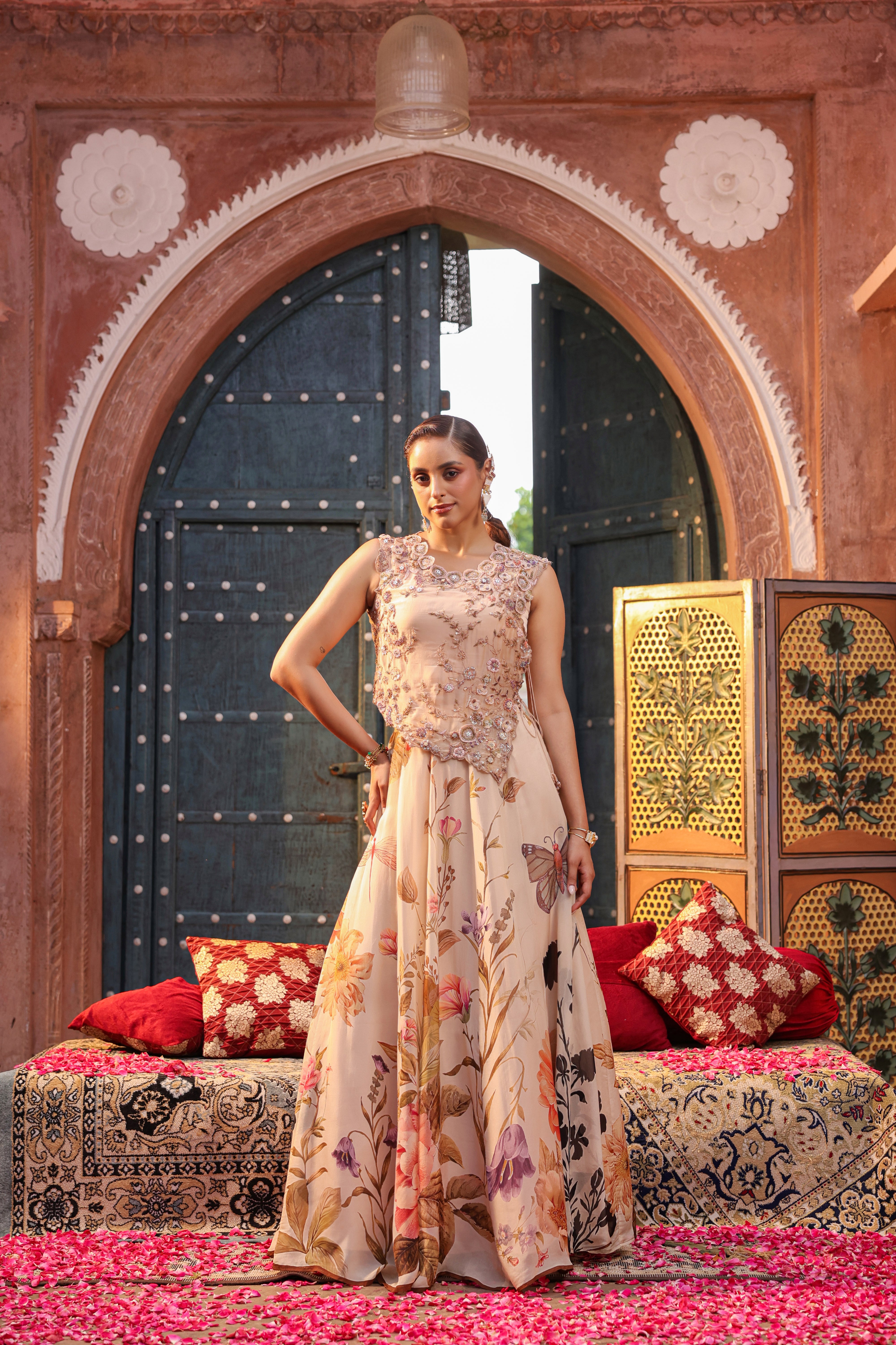Dusty Nude Embellished Organza Silk Cape Lehenga Set