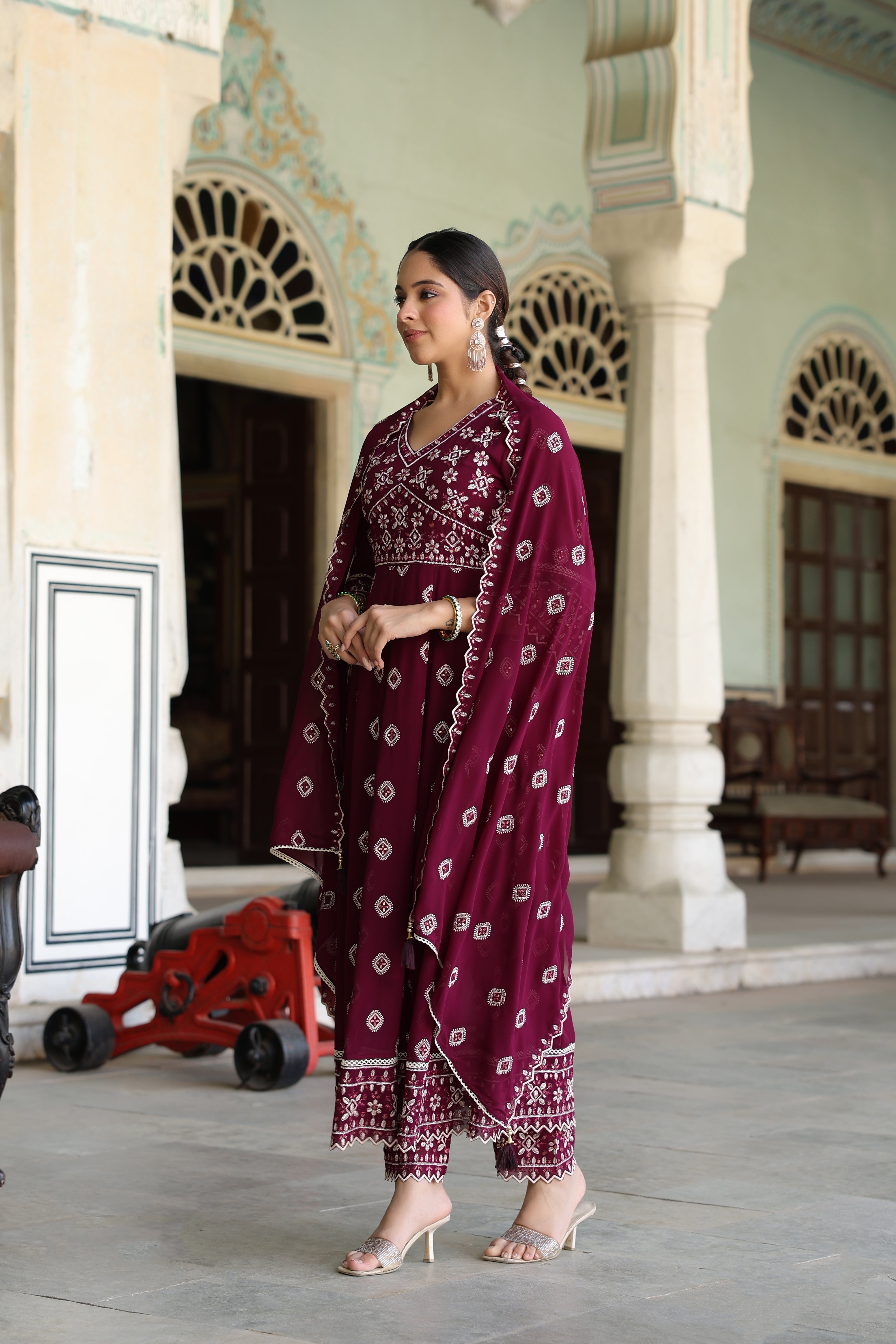 Wine Embroidered Premium Georgette Silk Anarkali Set