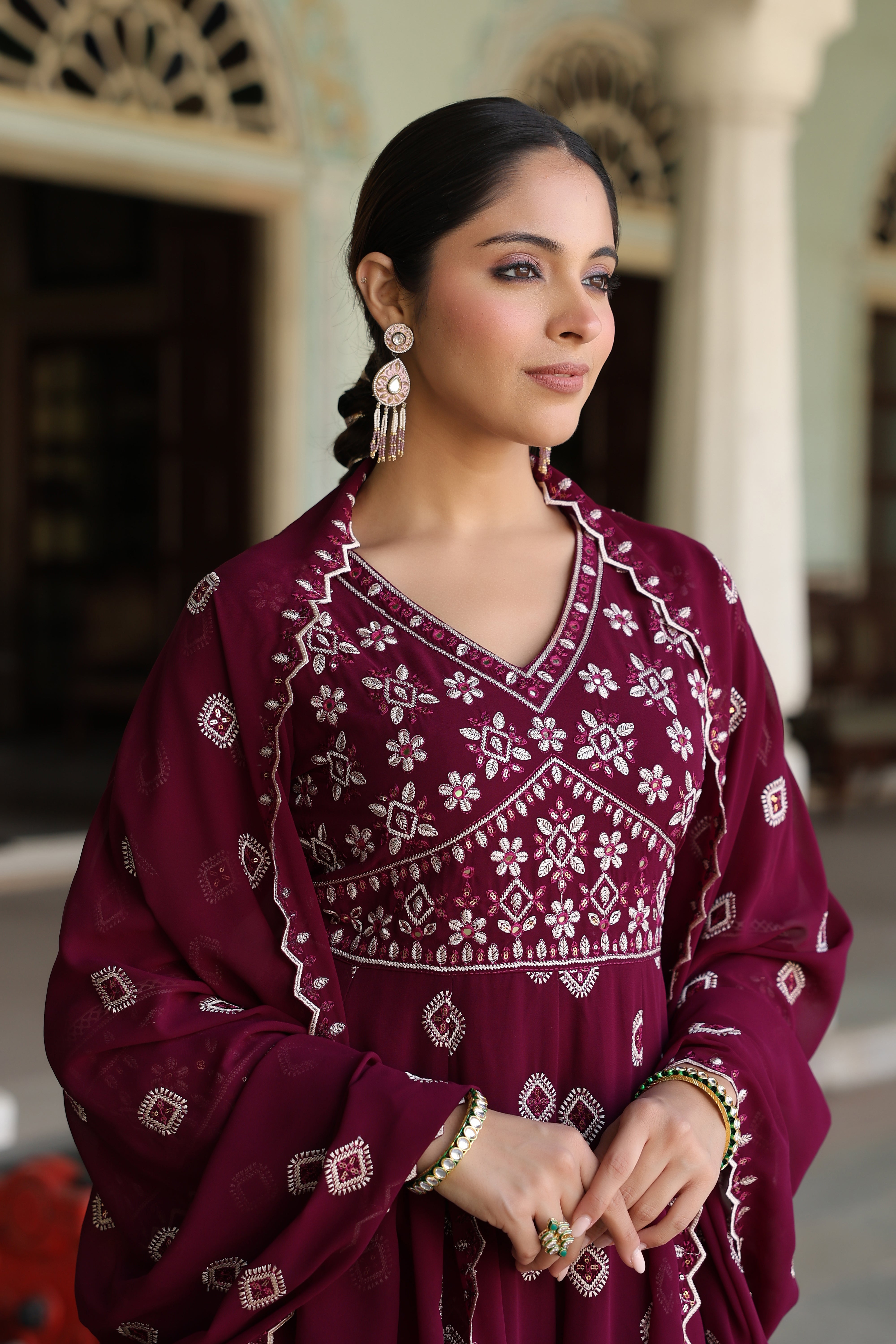 Wine Embroidered Premium Georgette Silk Anarkali Set
