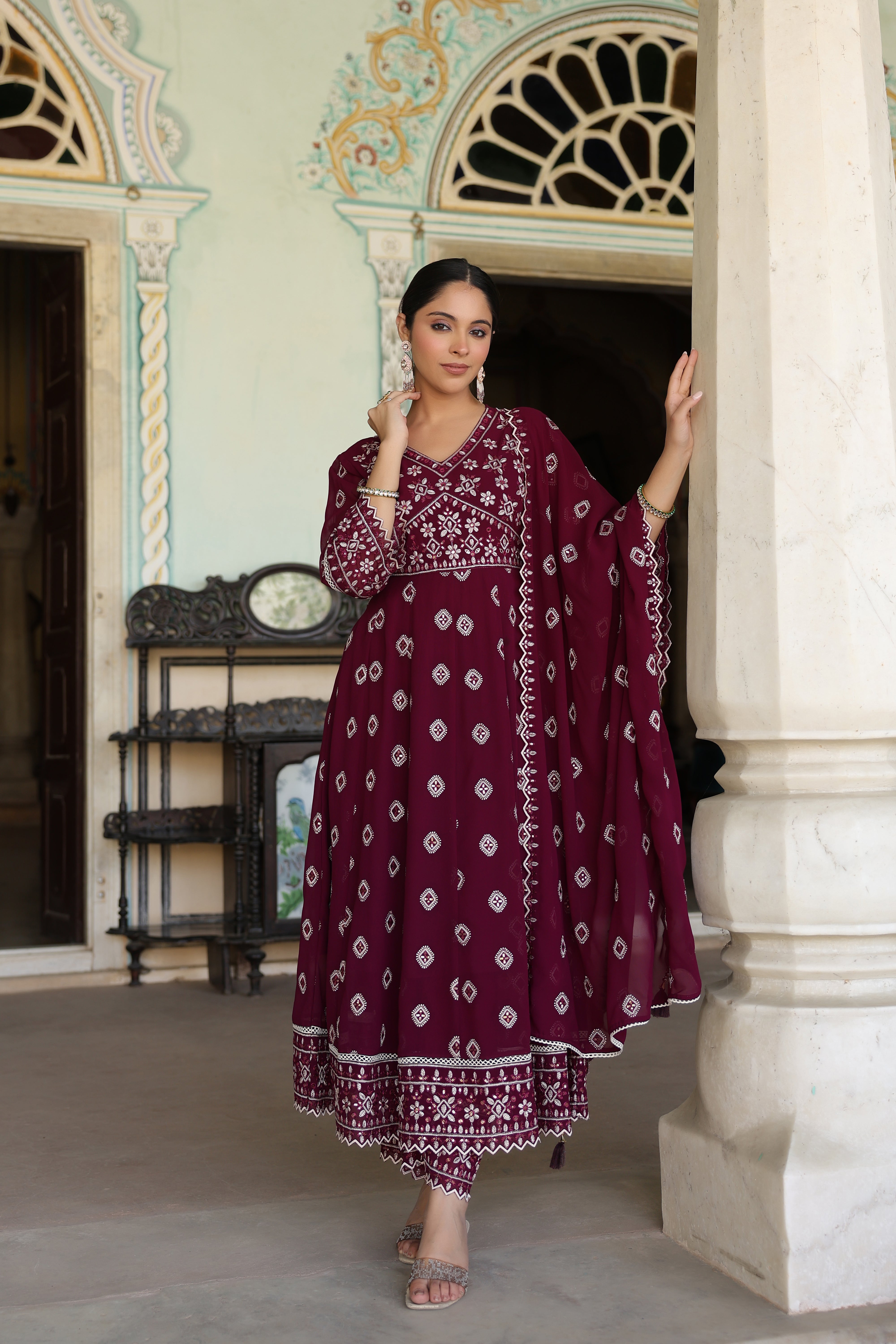 Wine Embroidered Premium Georgette Silk Anarkali Set