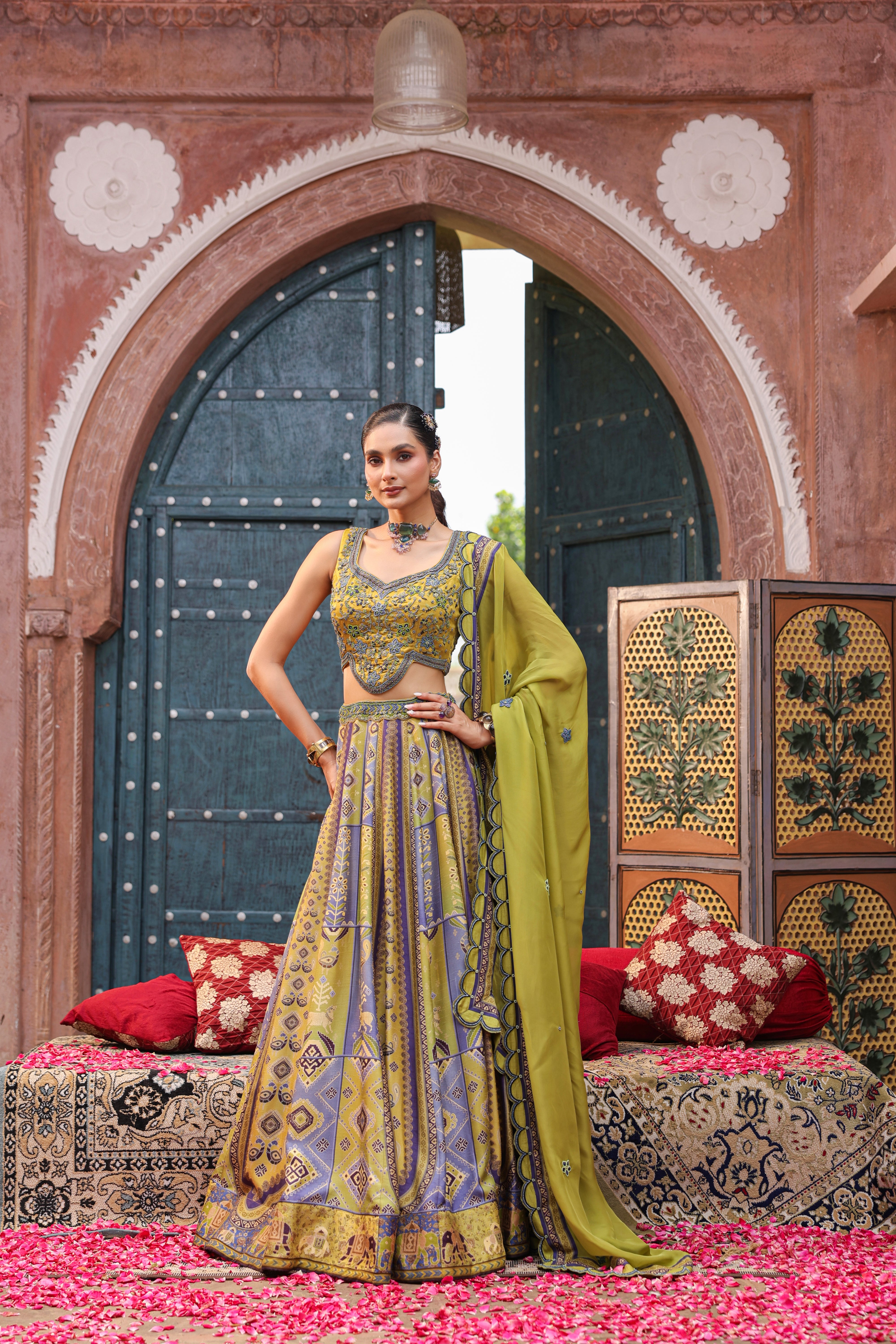 Mehendi Green Embellished Raw Silk Lehenga Set