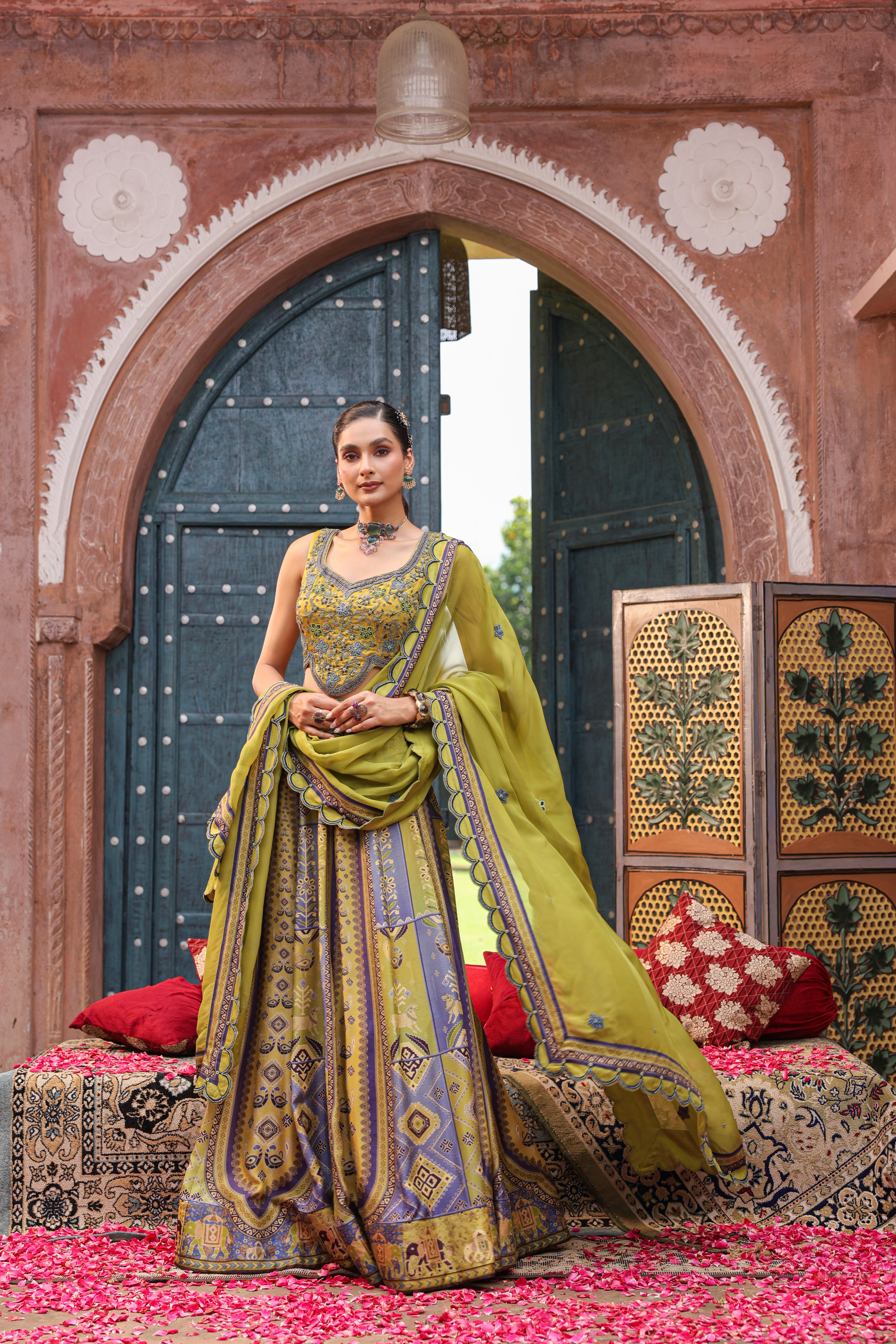 Mehendi Green Embellished Raw Silk Lehenga Set