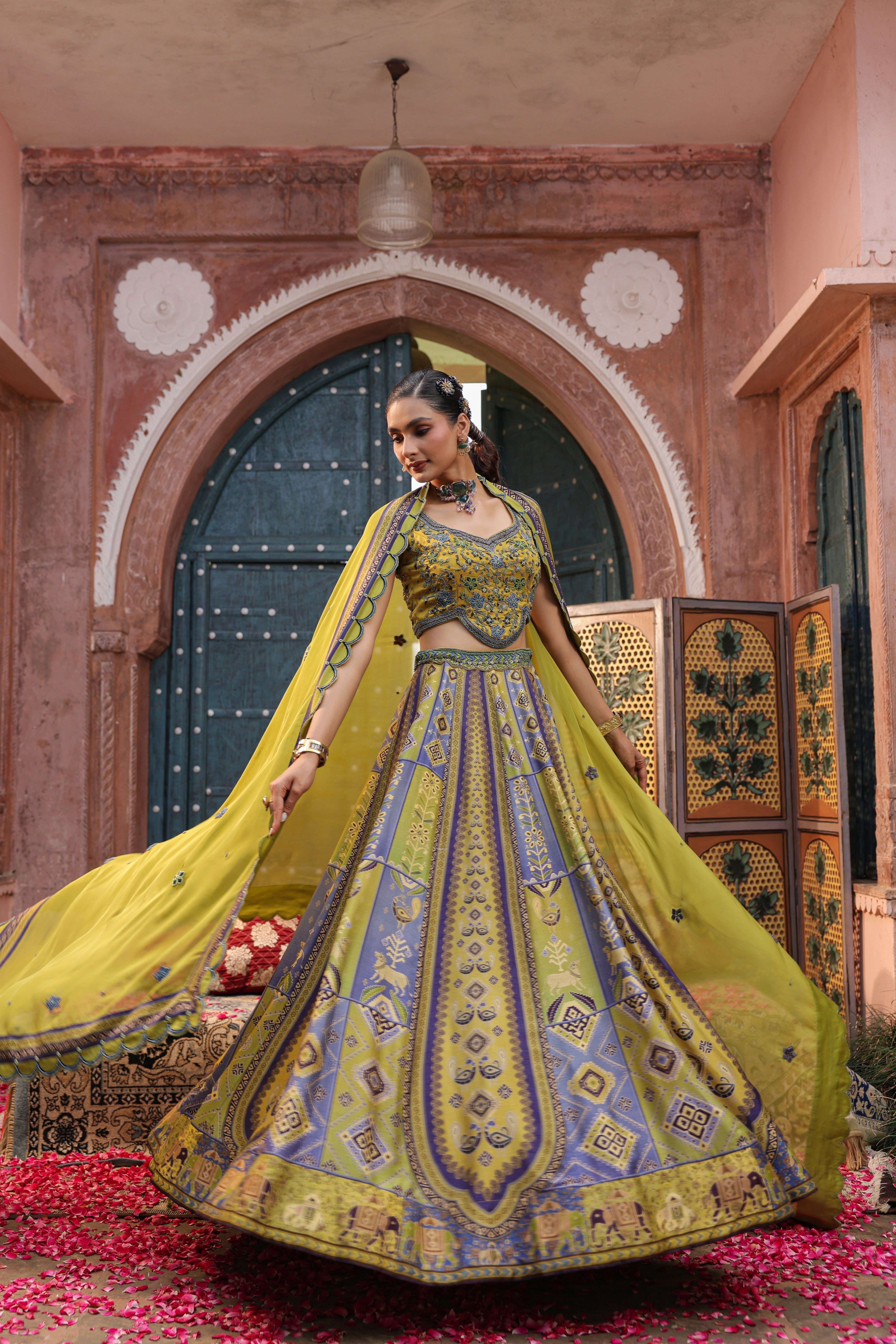 Mehendi Green Embellished Raw Silk Lehenga Set
