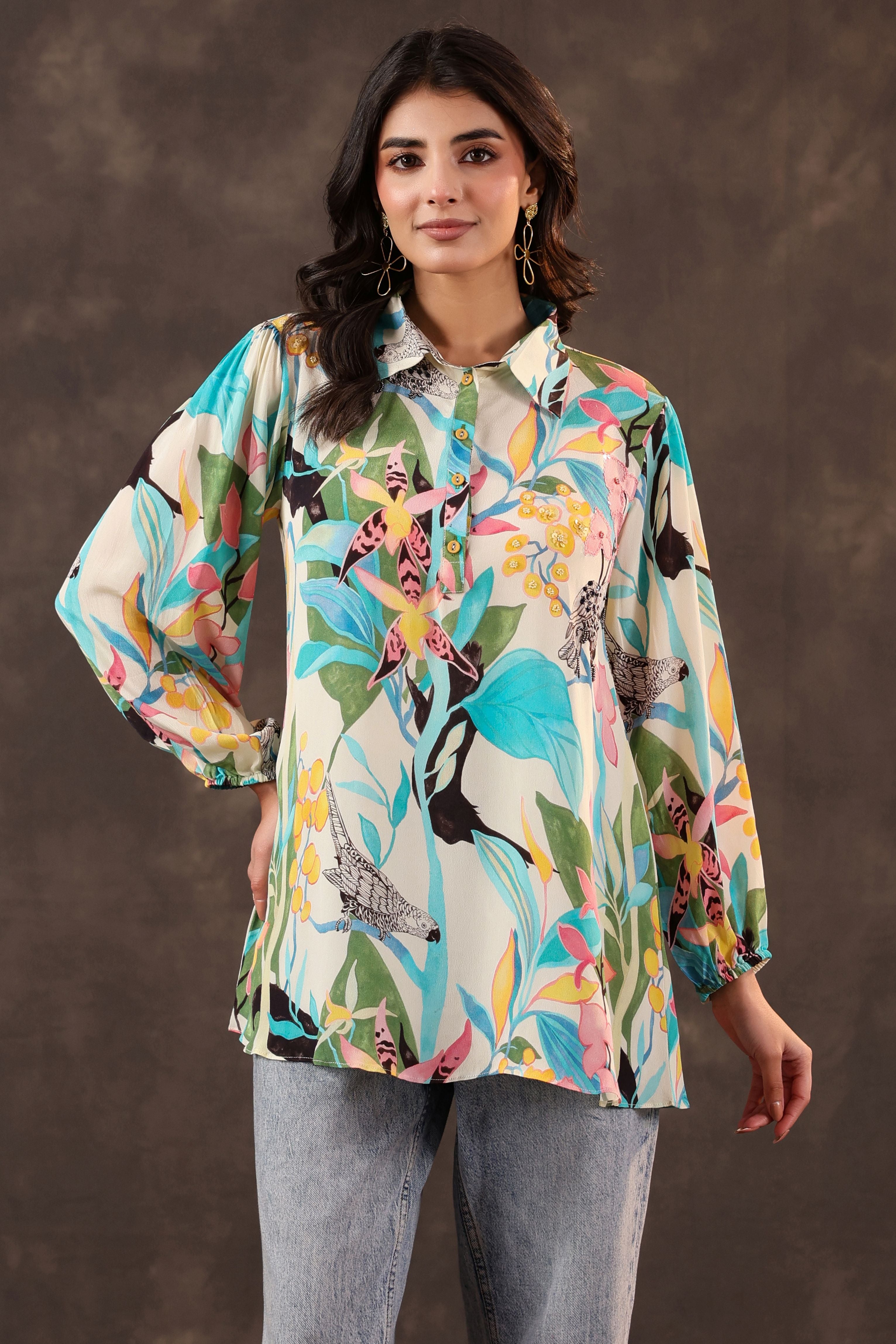 Azure Paradise Printed Crepe Silk Top