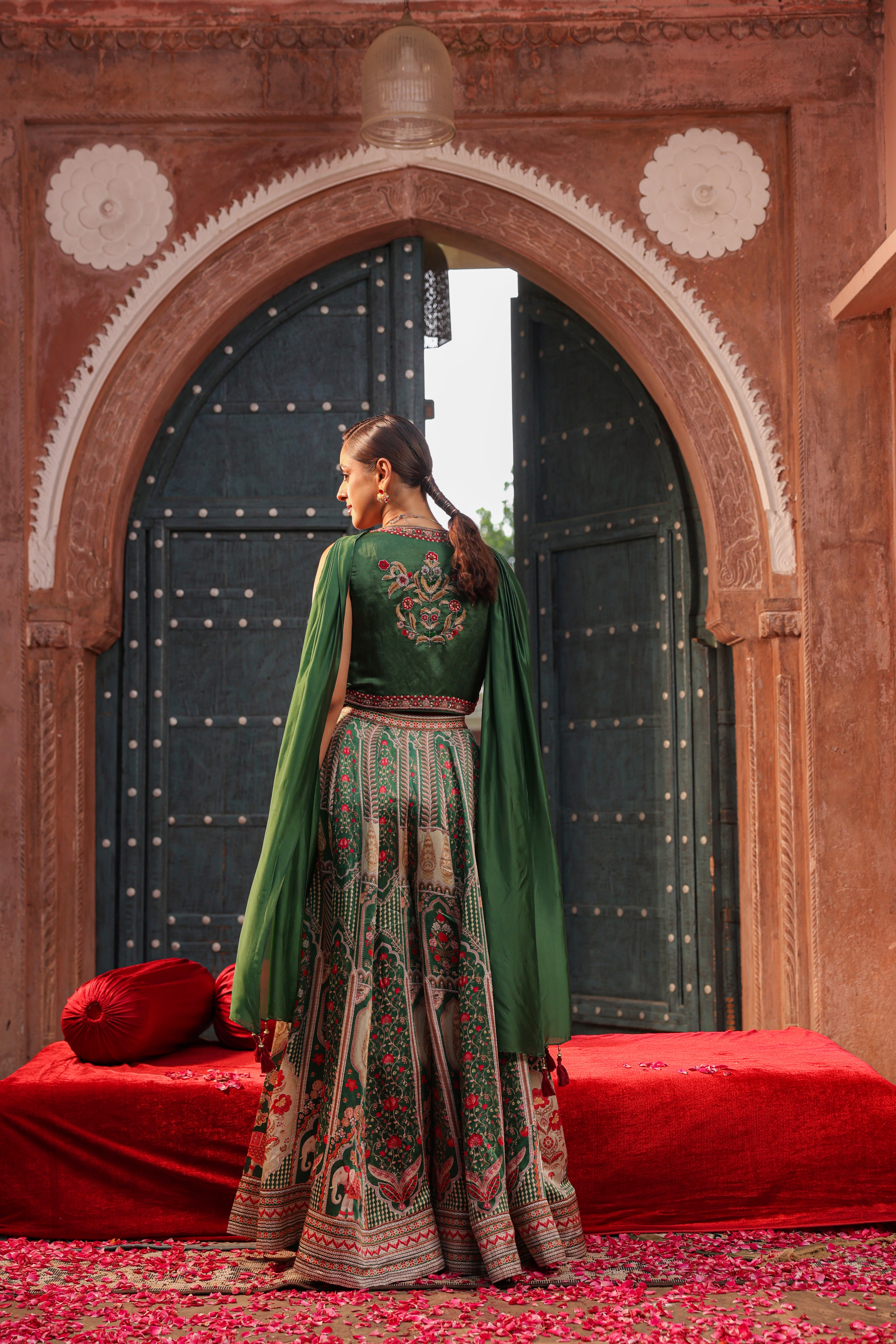 Deep Green Embellished Raw Silk Palazzo Set