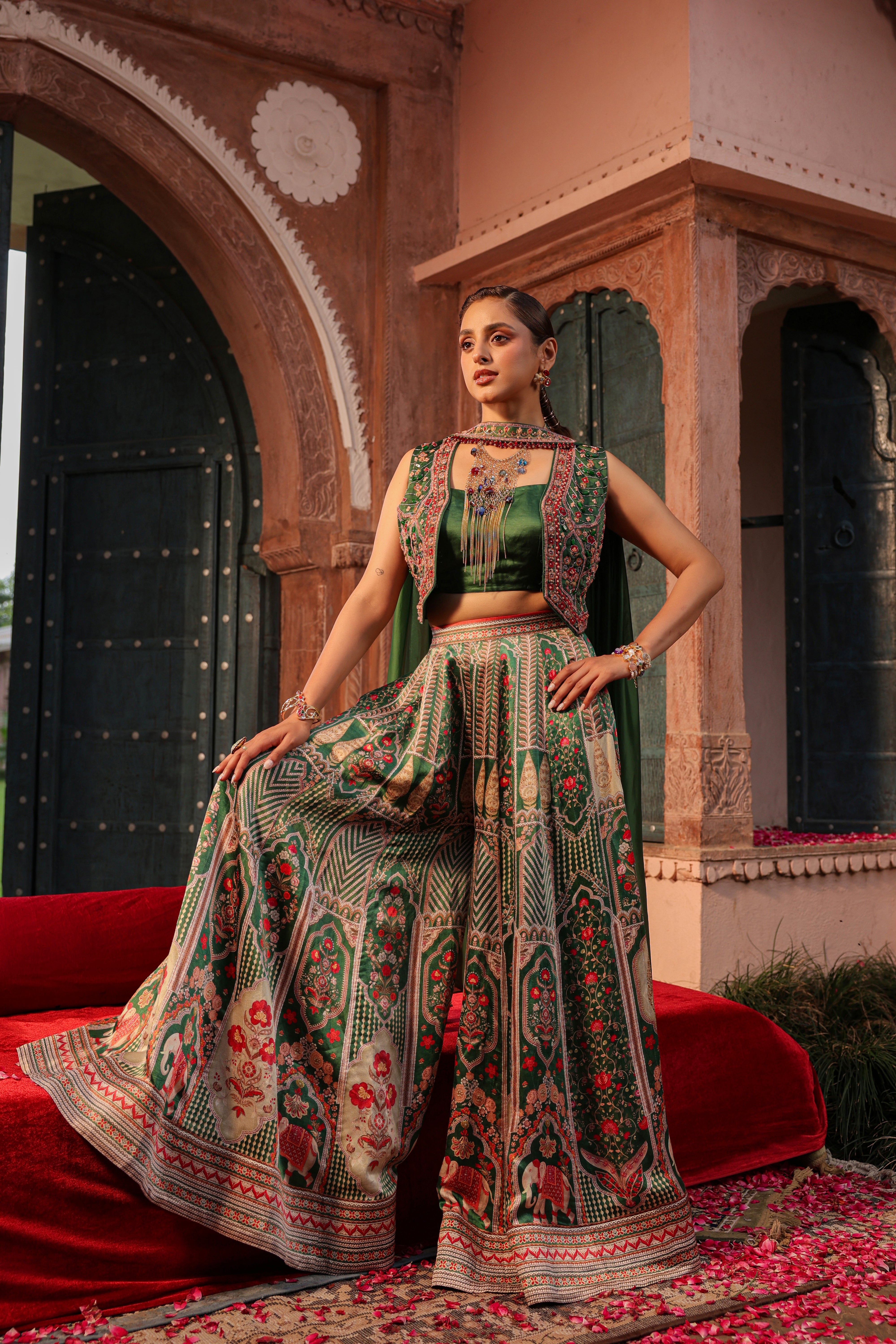 Deep Green Embellished Raw Silk Palazzo Set