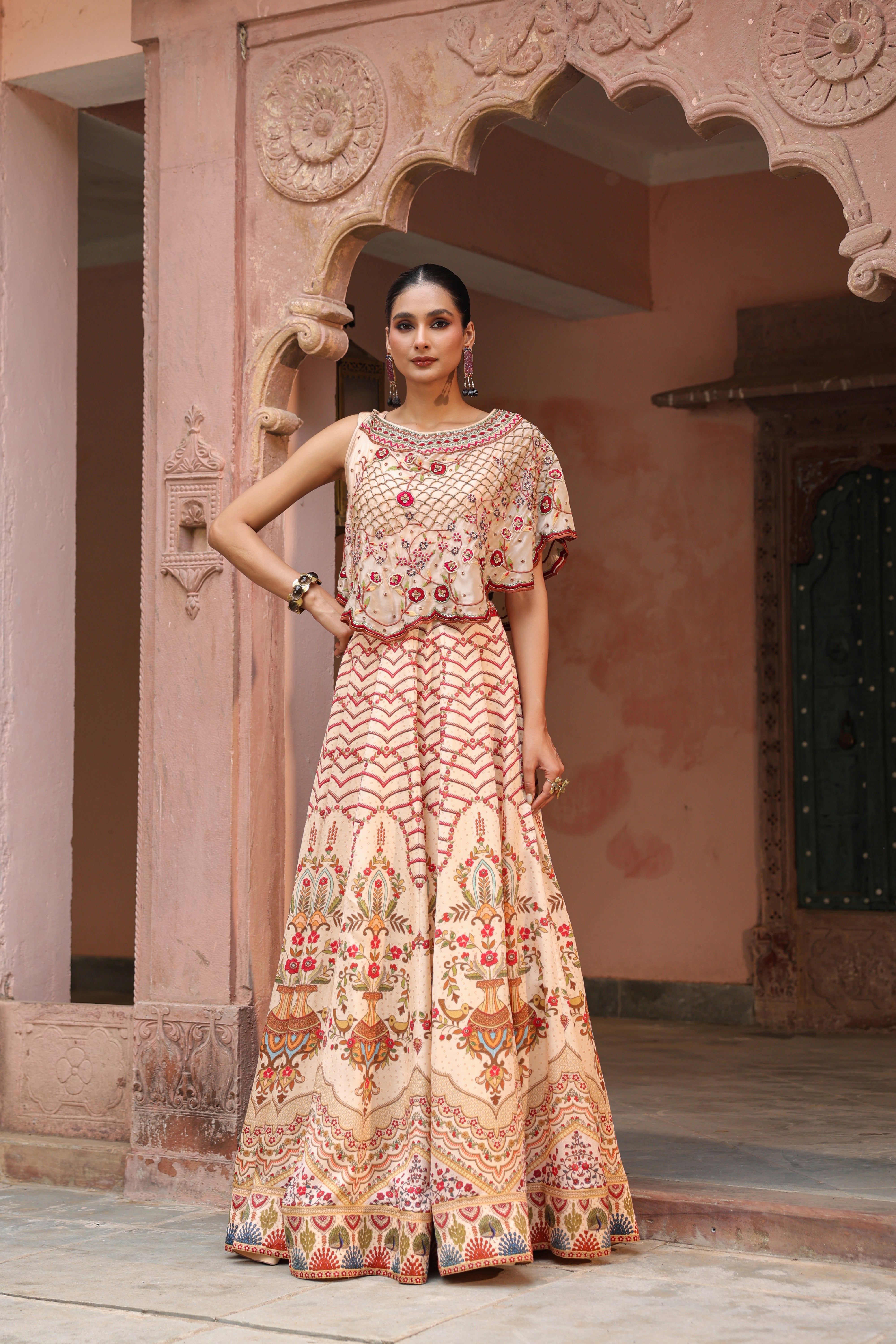 Soft Beige Embellished Satin Silk Cape Lehenga Set