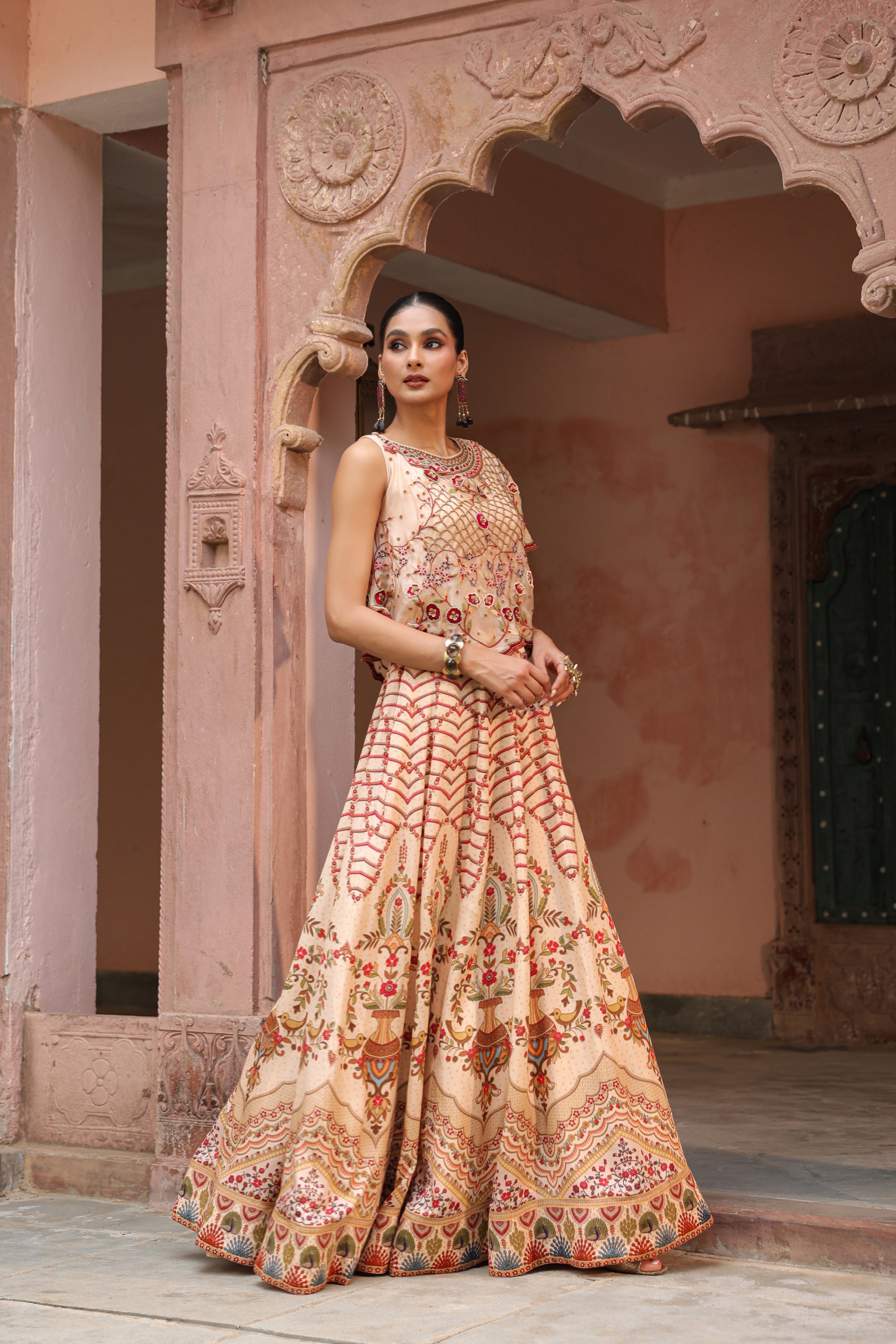 Soft Beige Embellished Satin Silk Cape Lehenga Set
