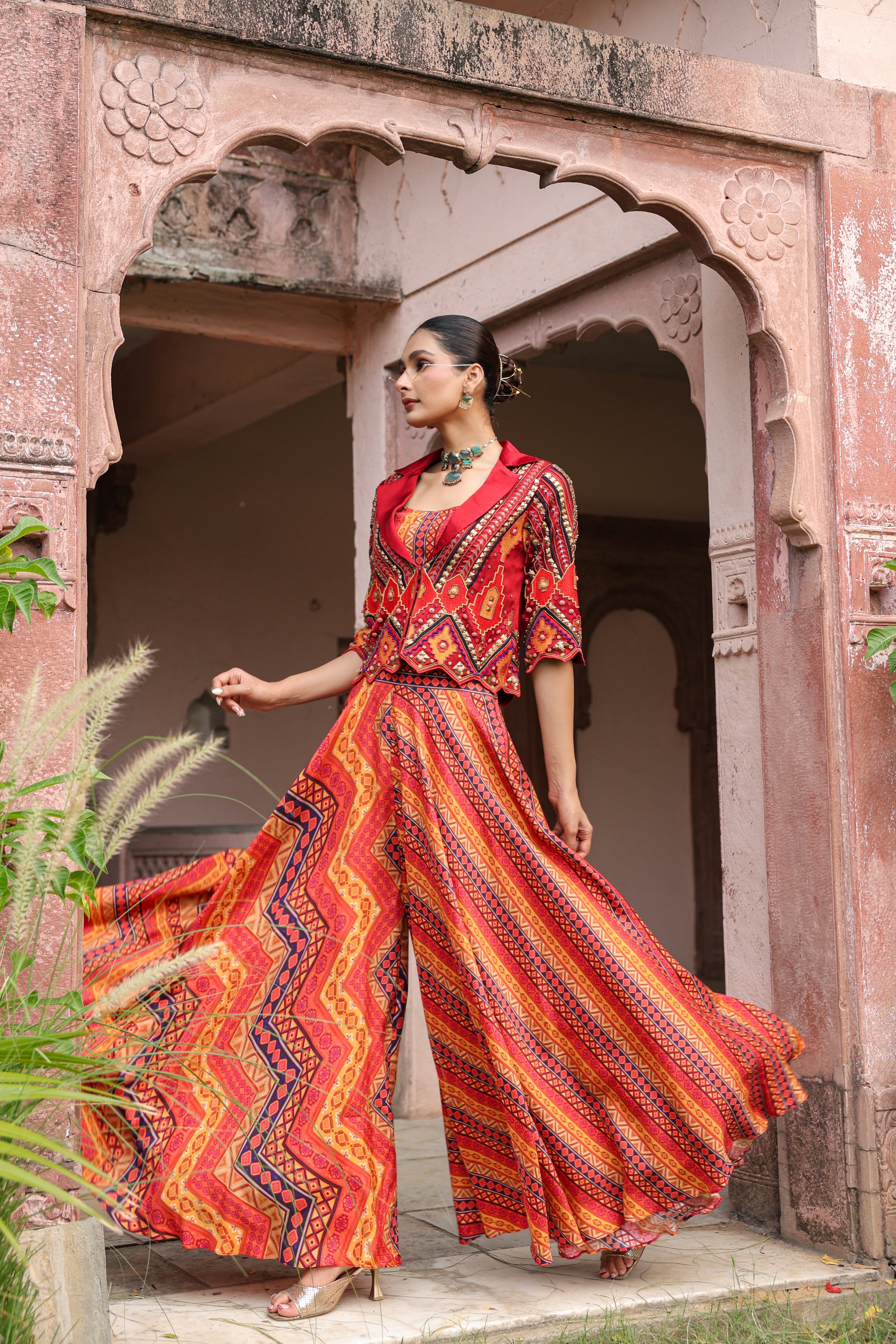 Sunburnt Orange Embellished Raw Silk Palazzo Set