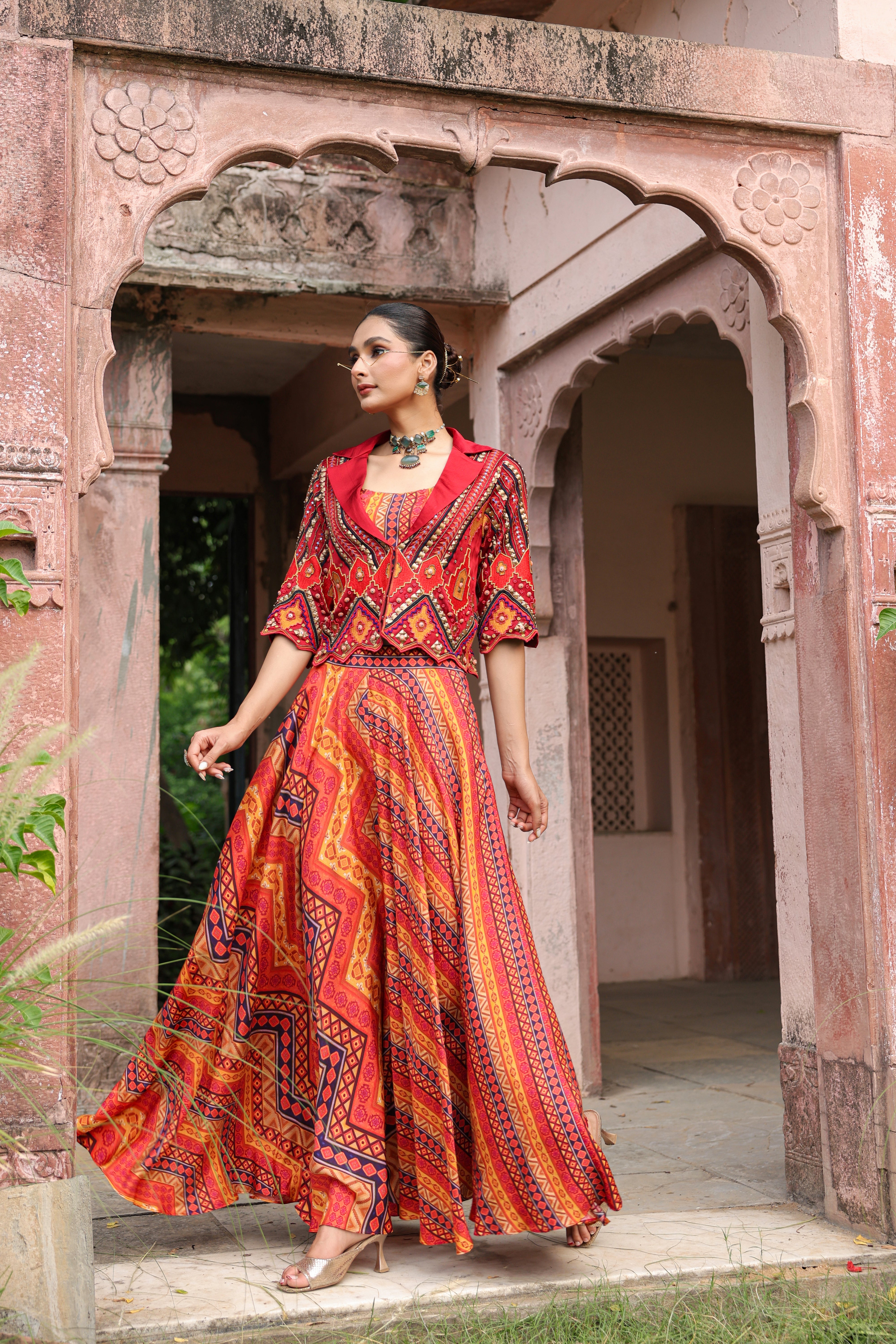 Sunburnt Orange Embellished Raw Silk Palazzo Set