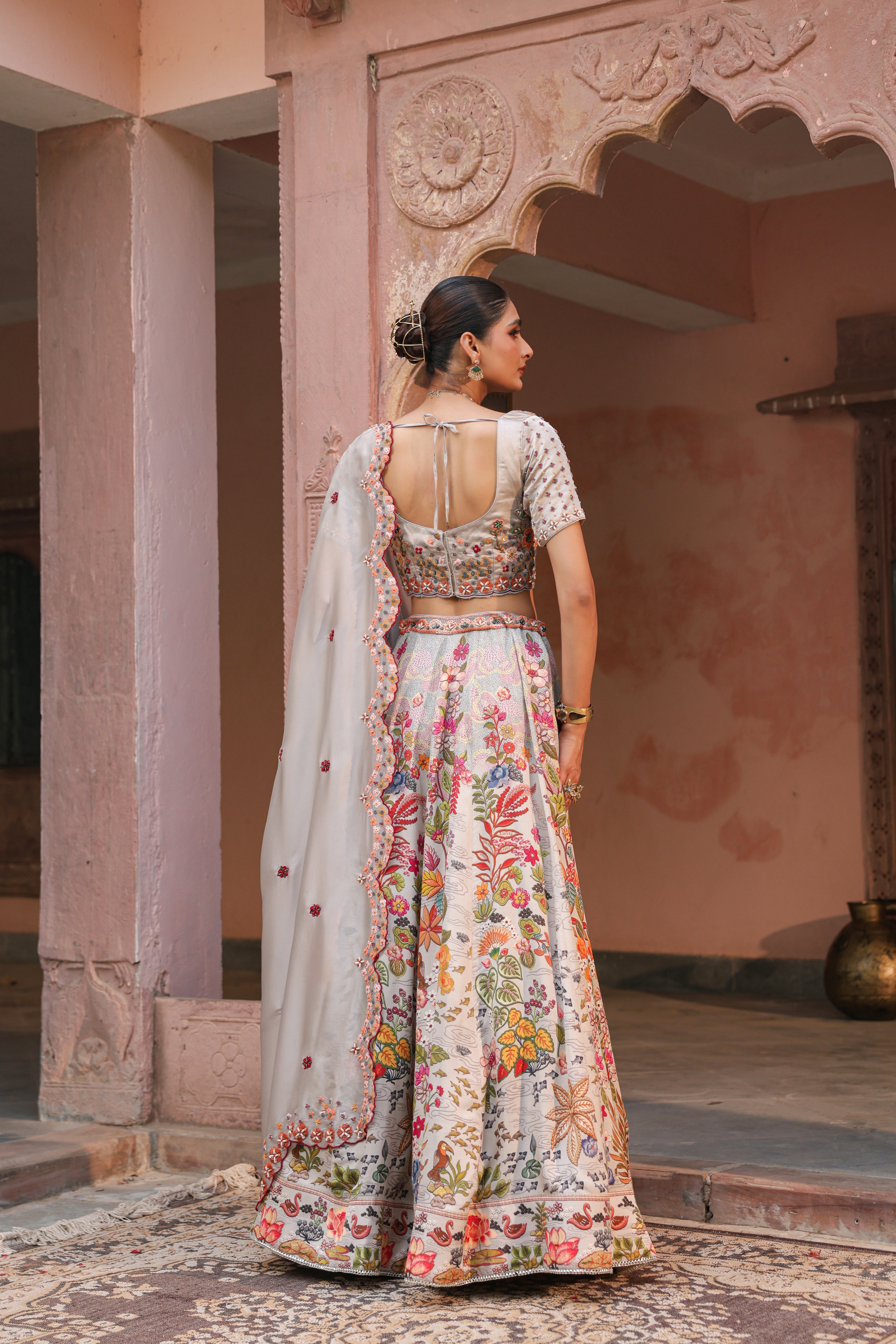 Cloud Grey Embellished Satin Silk Lehenga Set