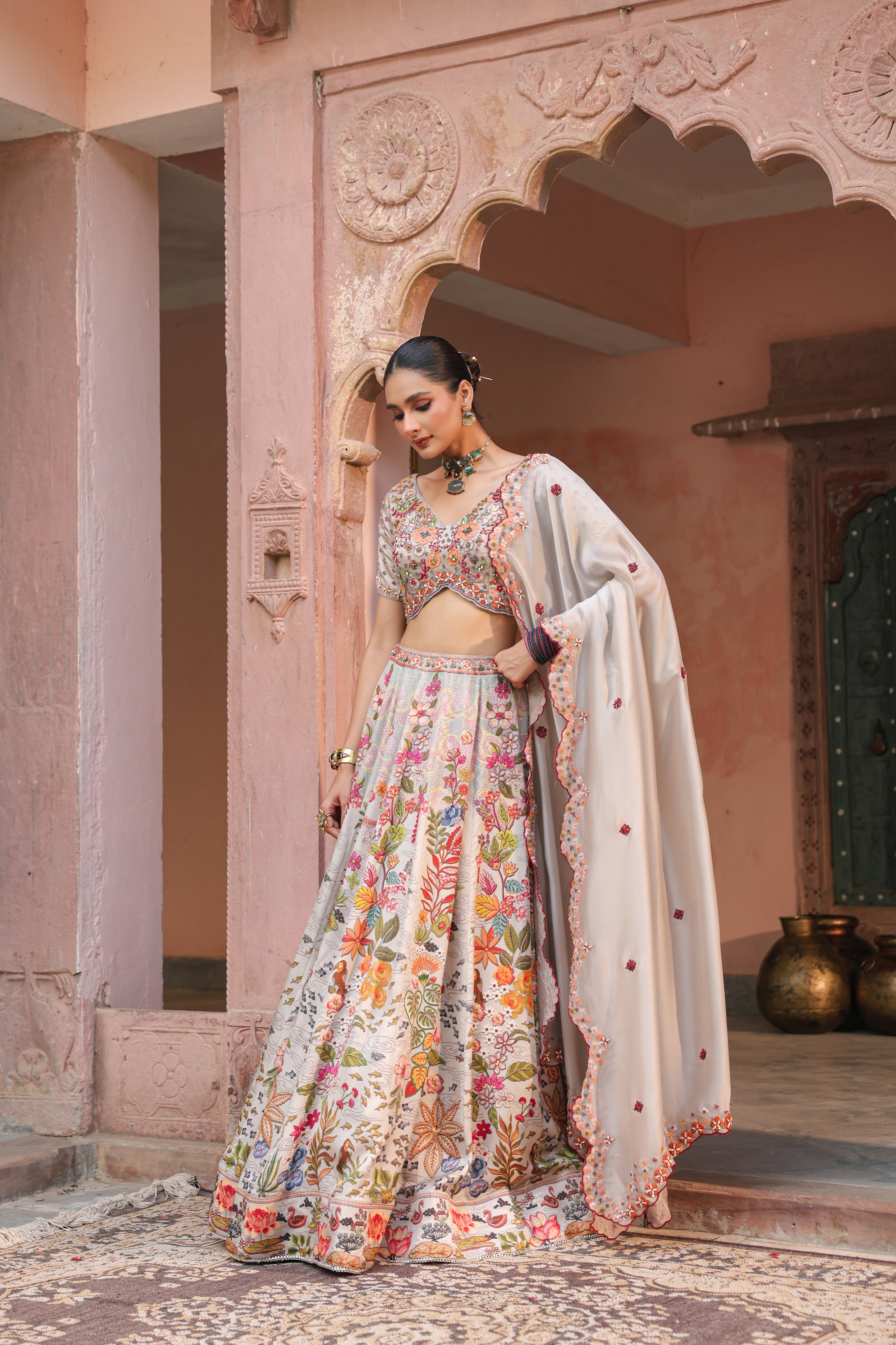Cloud Grey Embellished Satin Silk Lehenga Set