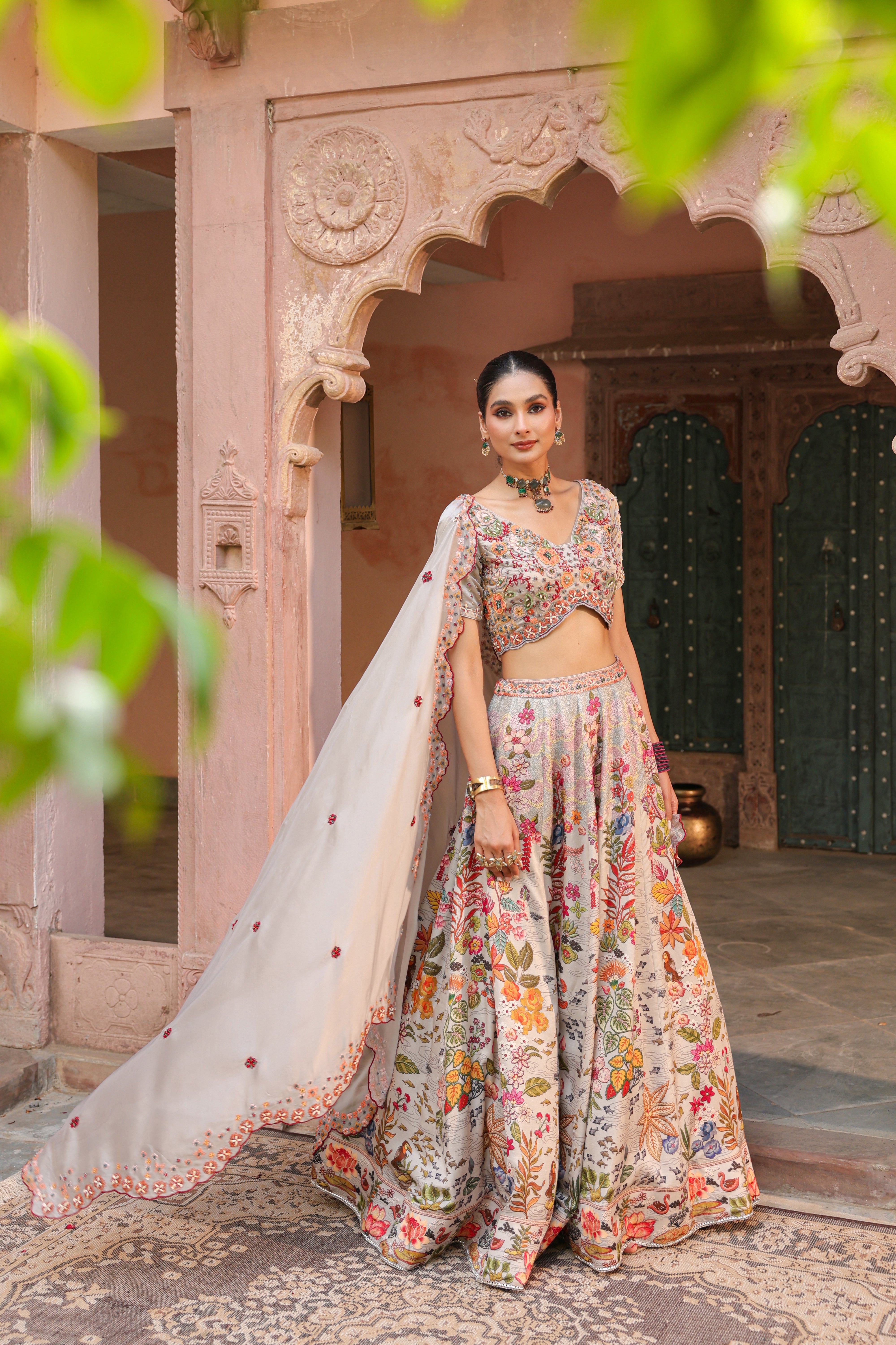 Cloud Grey Embellished Satin Silk Lehenga Set