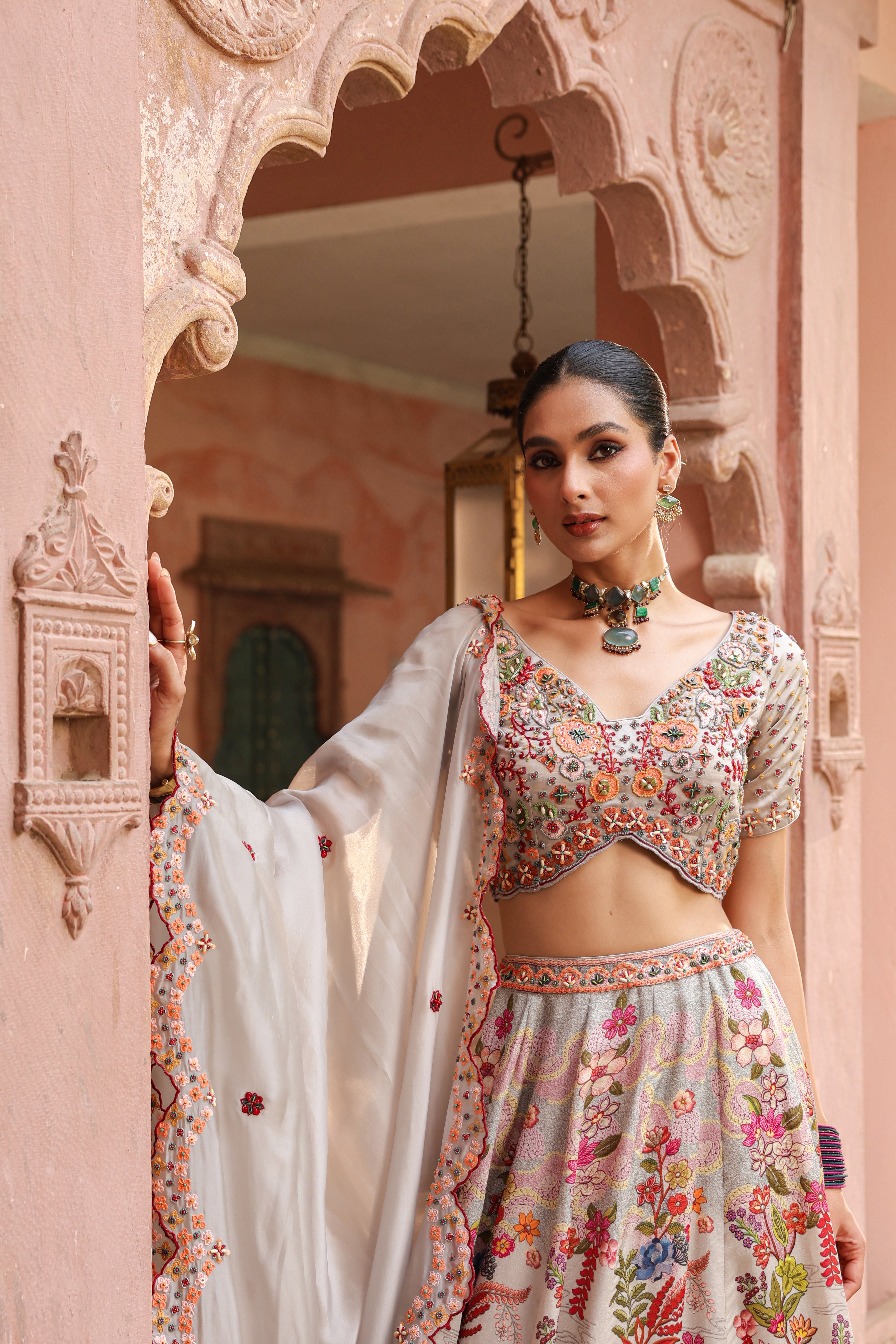Cloud Grey Embellished Satin Silk Lehenga Set