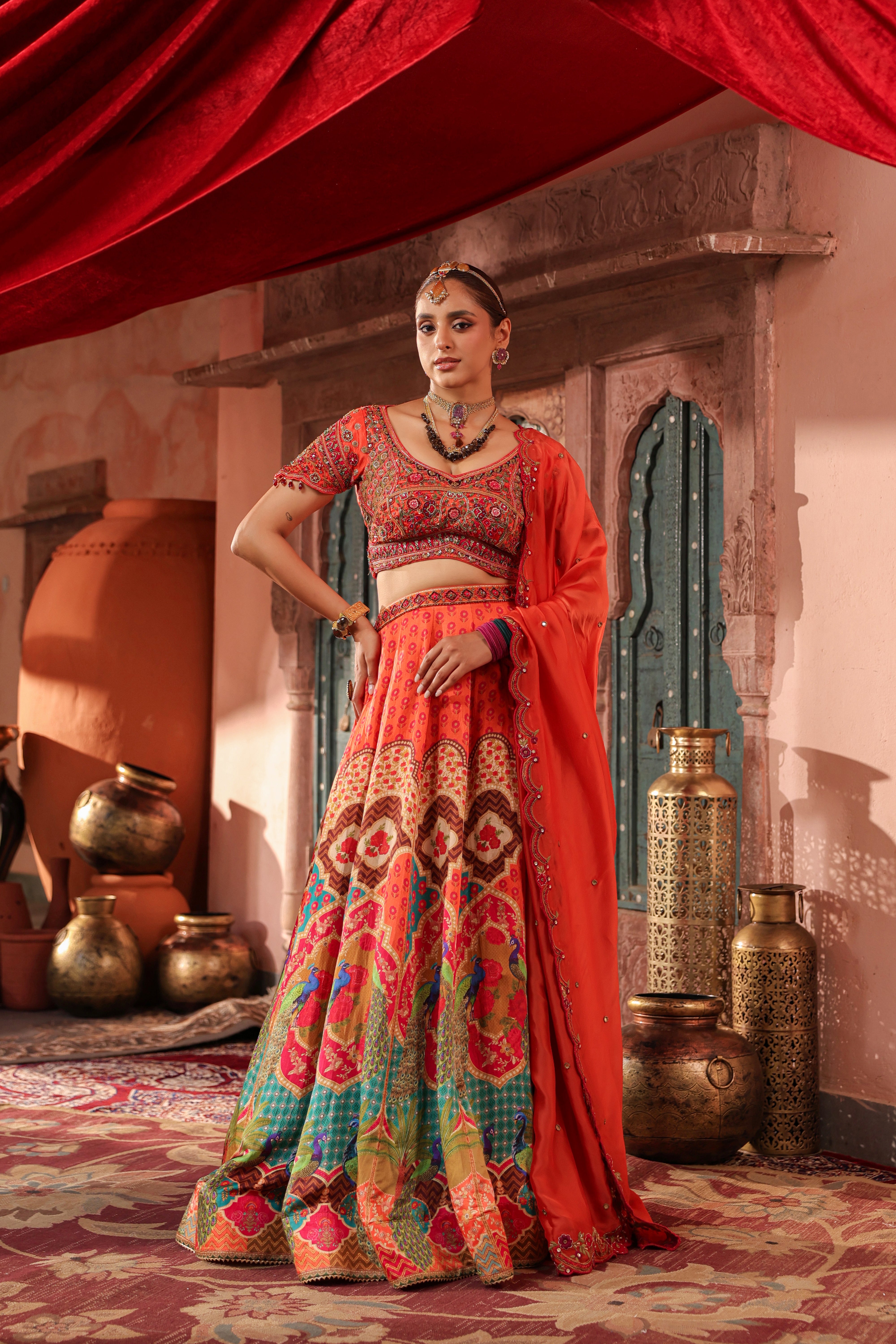 Sunset Orange Embellished Satin Silk Lehenga Set