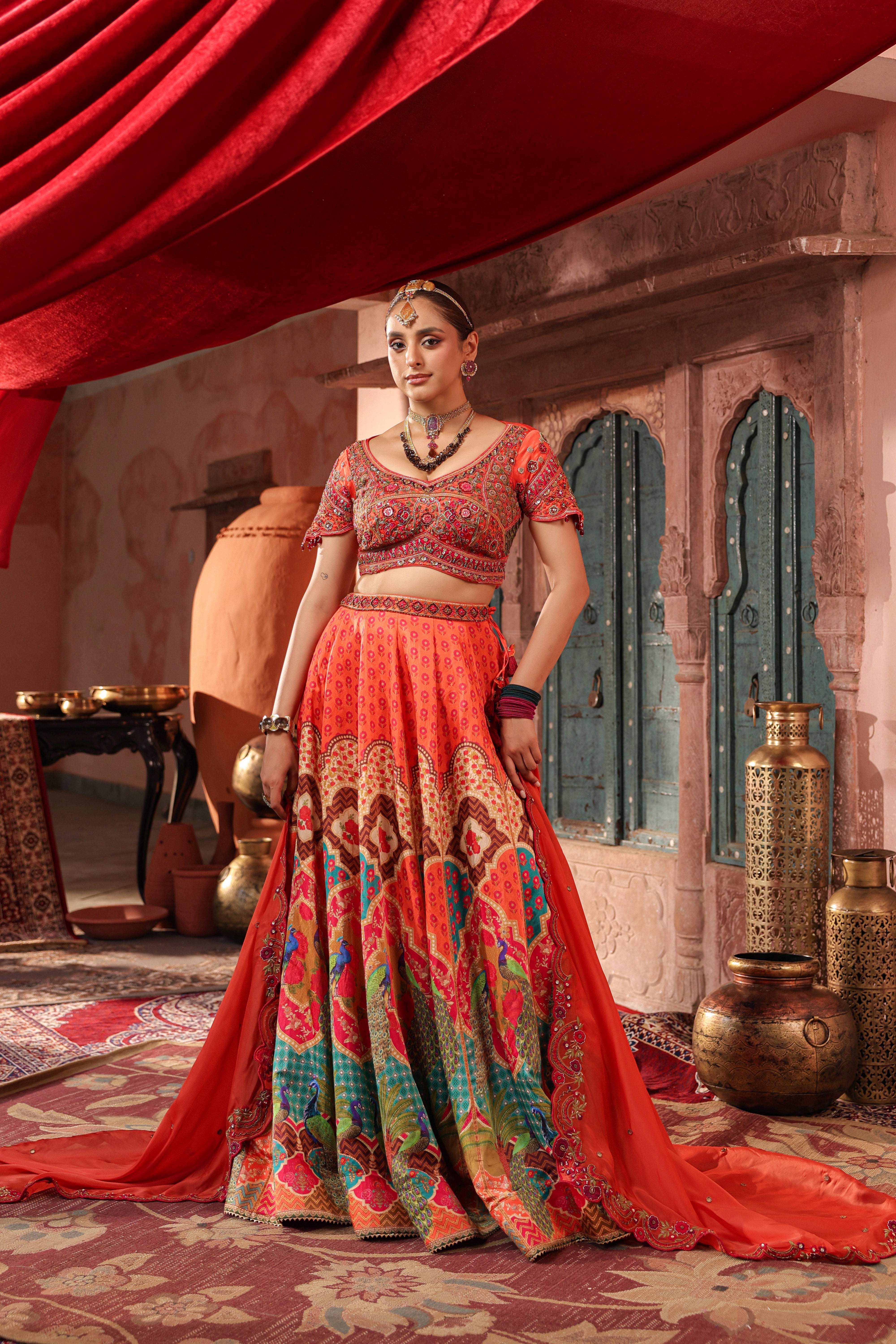 Sunset Orange Embellished Satin Silk Lehenga Set