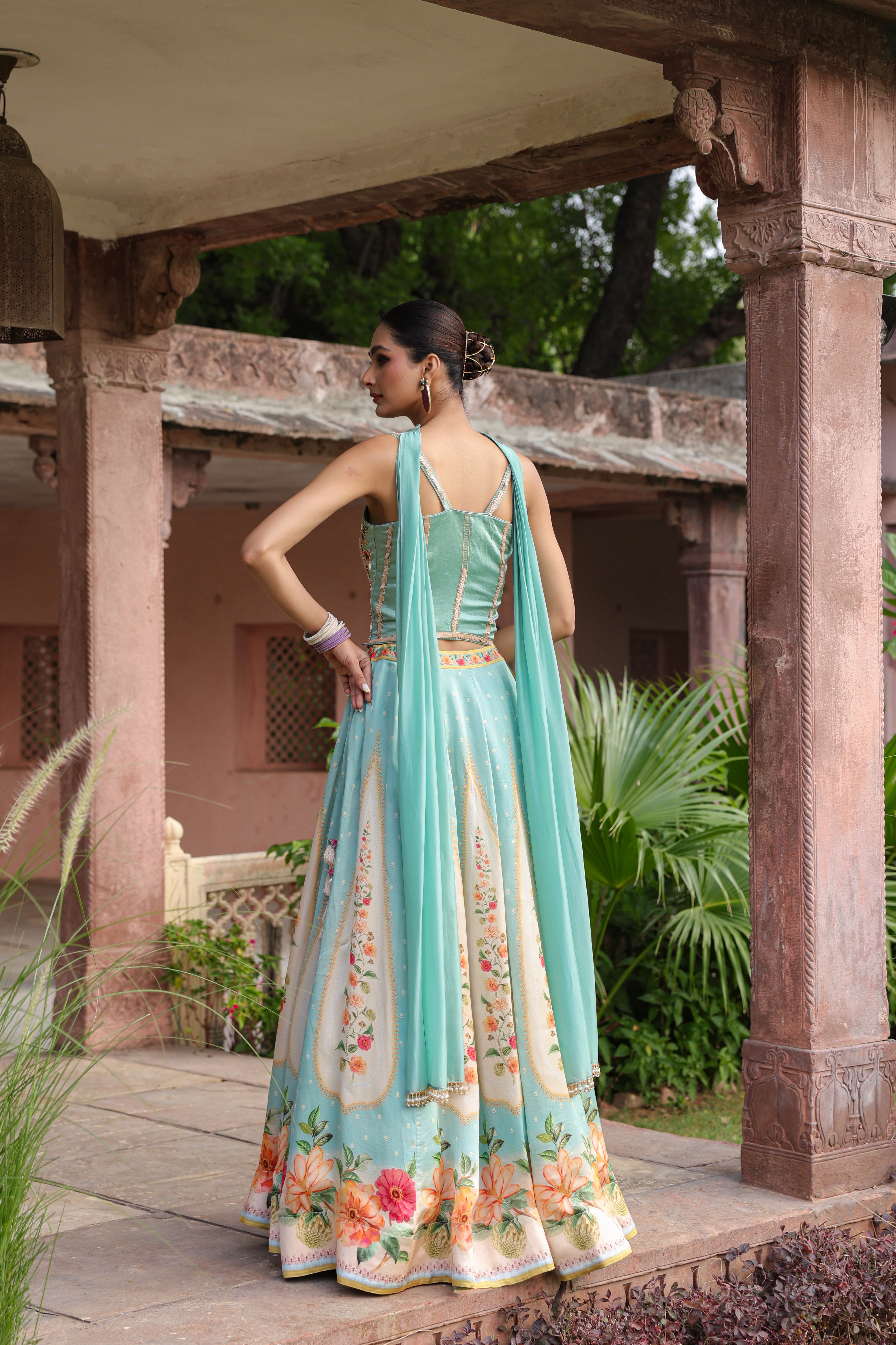 Aqua Mint Embellished Satin Silk Lehenga Set