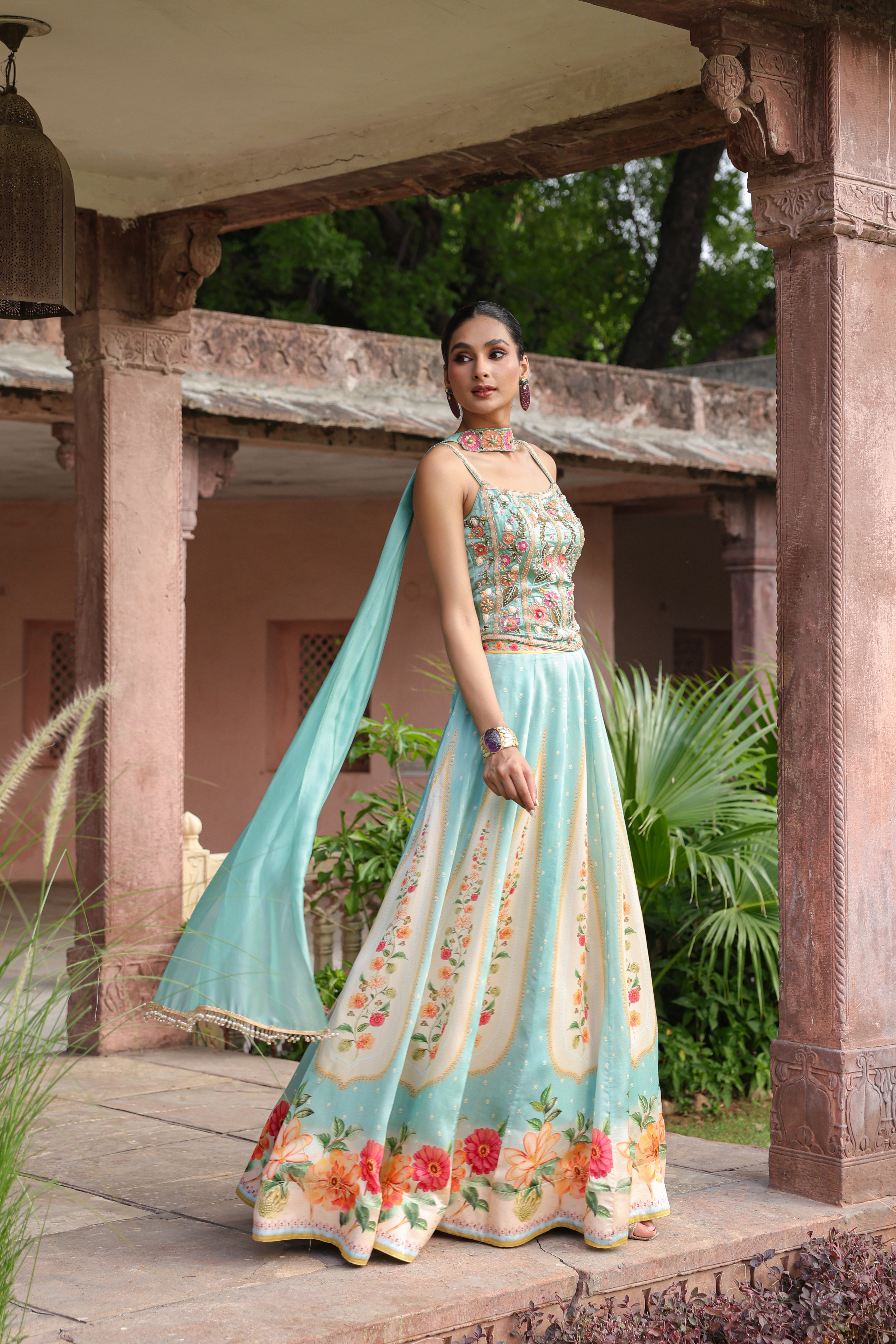 Aqua Mint Embellished Satin Silk Lehenga Set