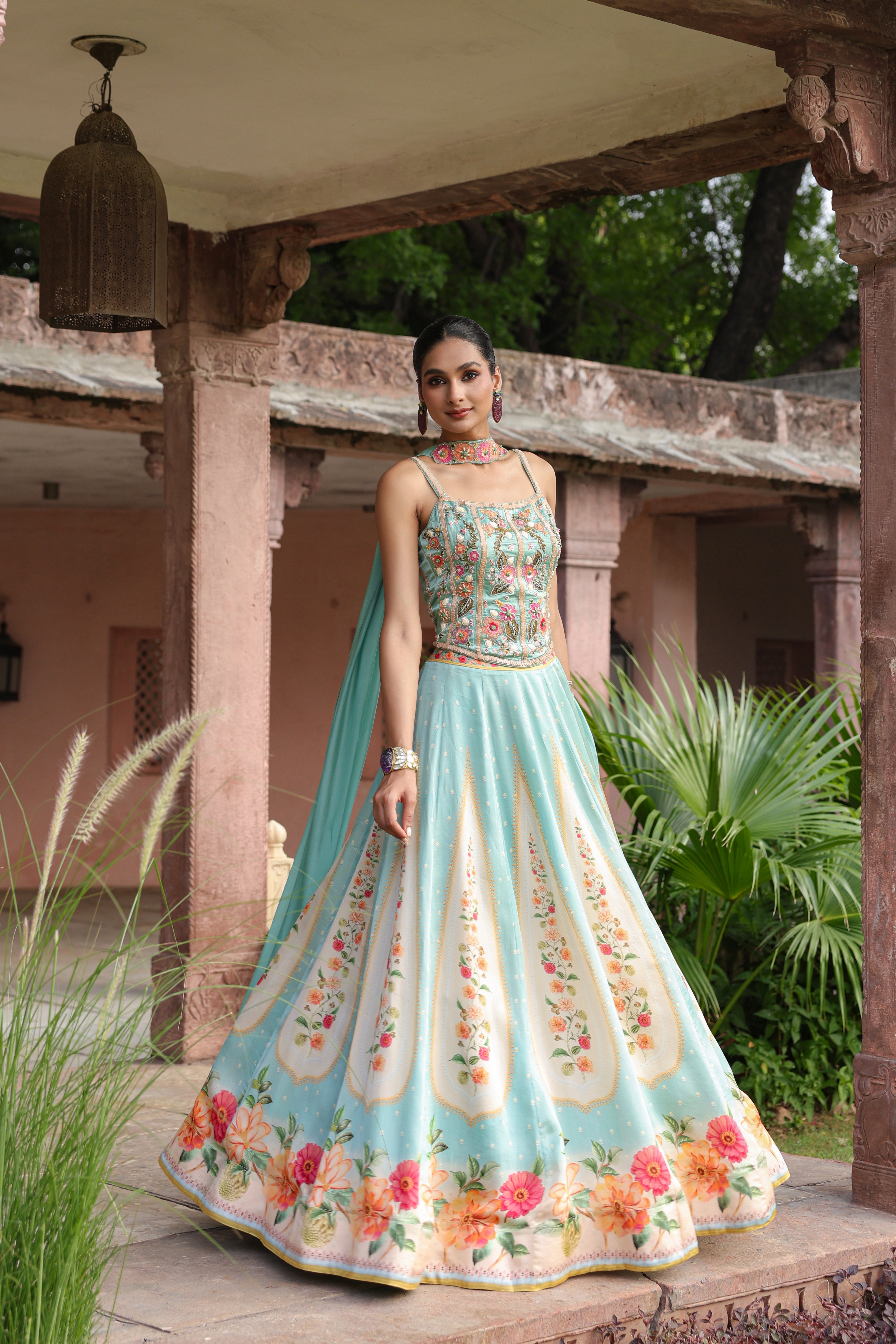 Aqua Mint Embellished Satin Silk Lehenga Set