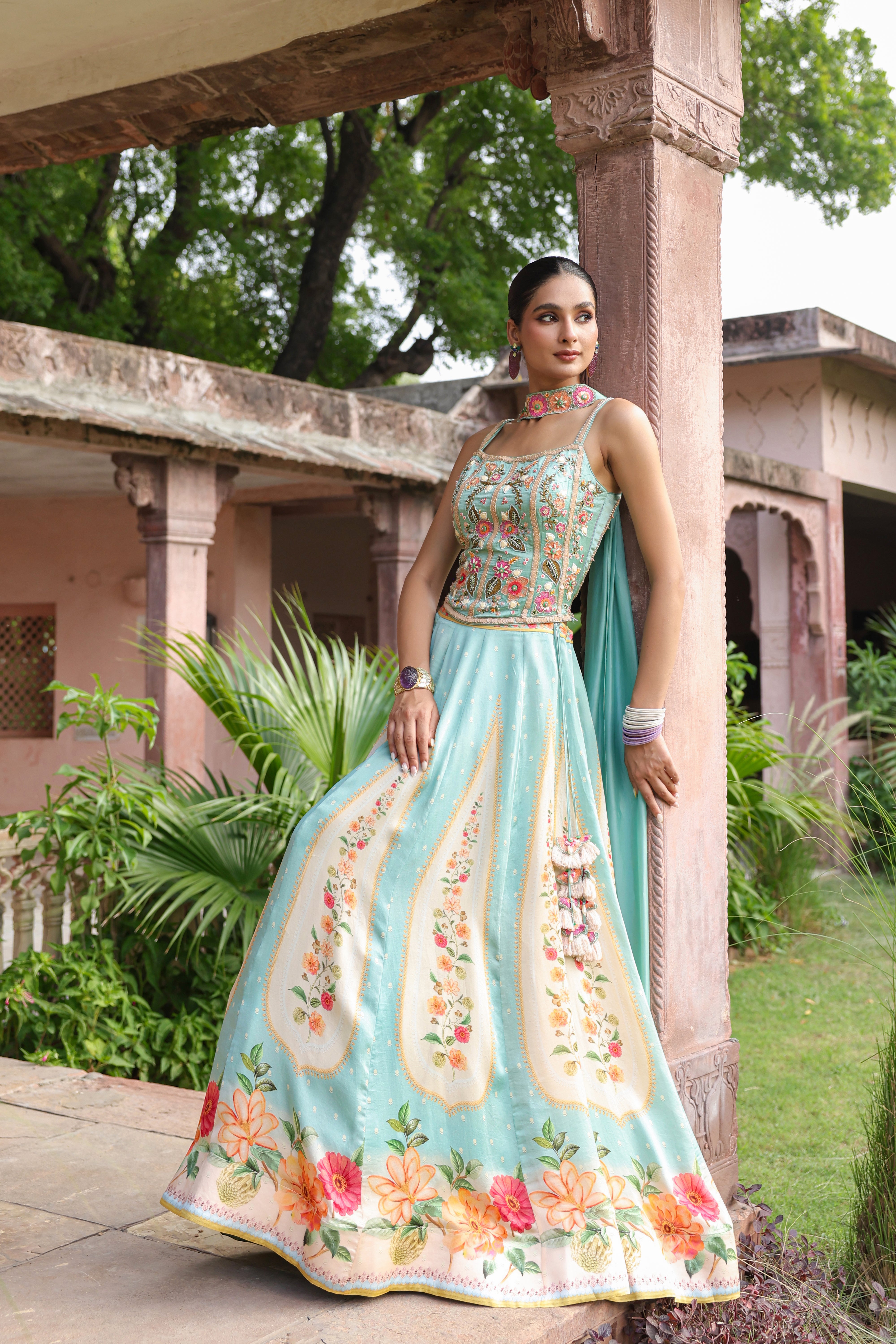 Aqua Mint Embellished Satin Silk Lehenga Set