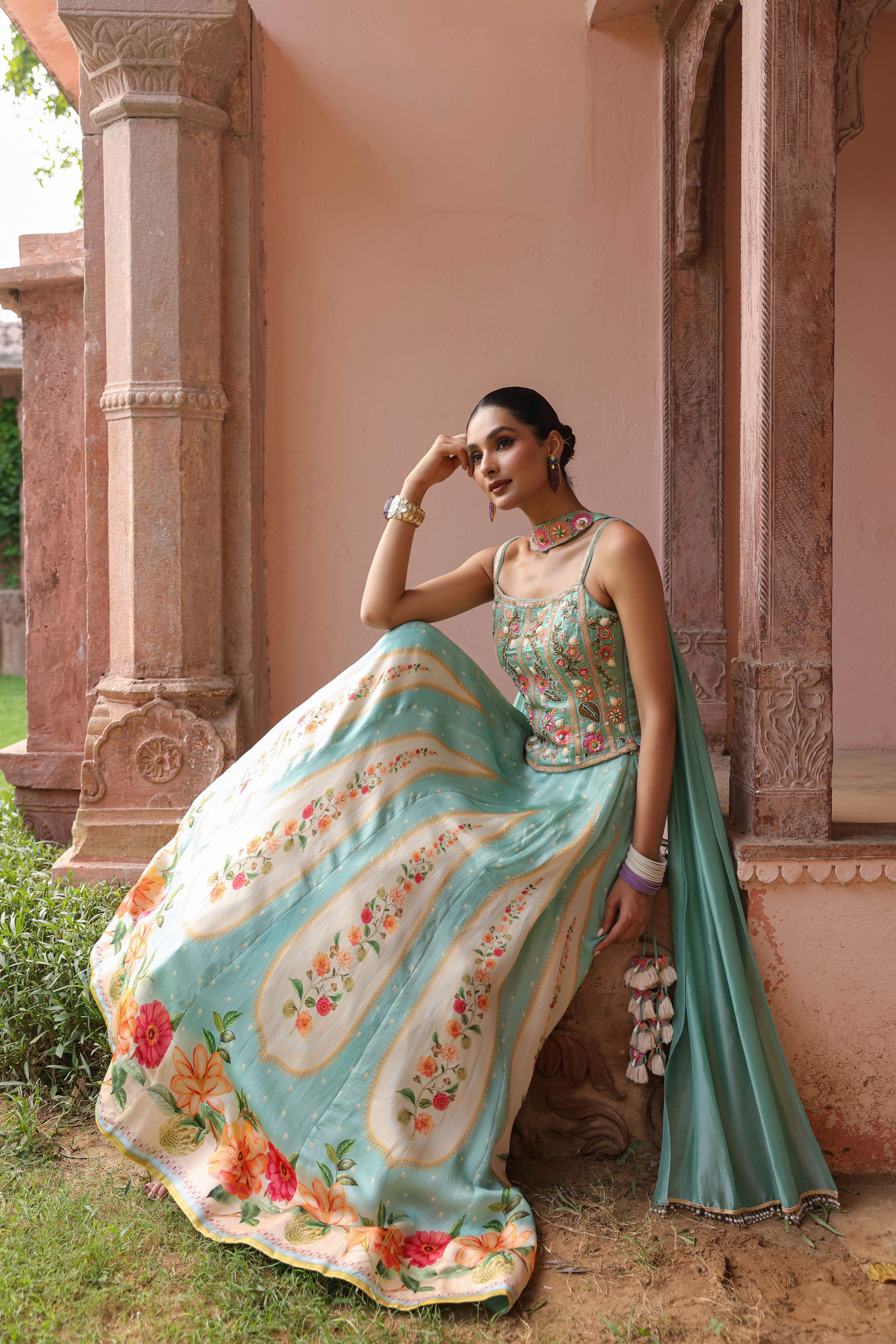 Aqua Mint Embellished Satin Silk Lehenga Set
