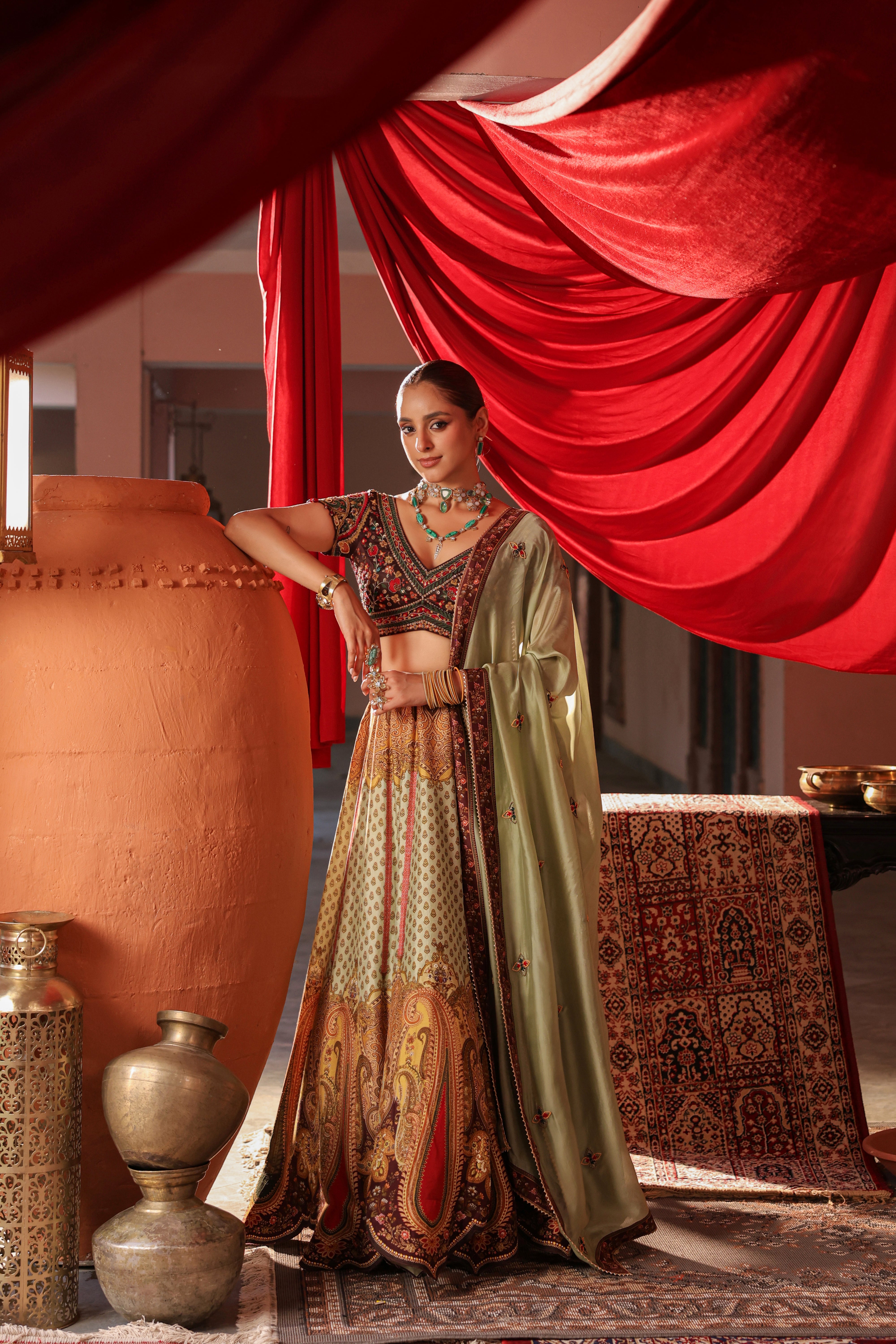 Sage Green Embellished Raw Silk Lehenga Set