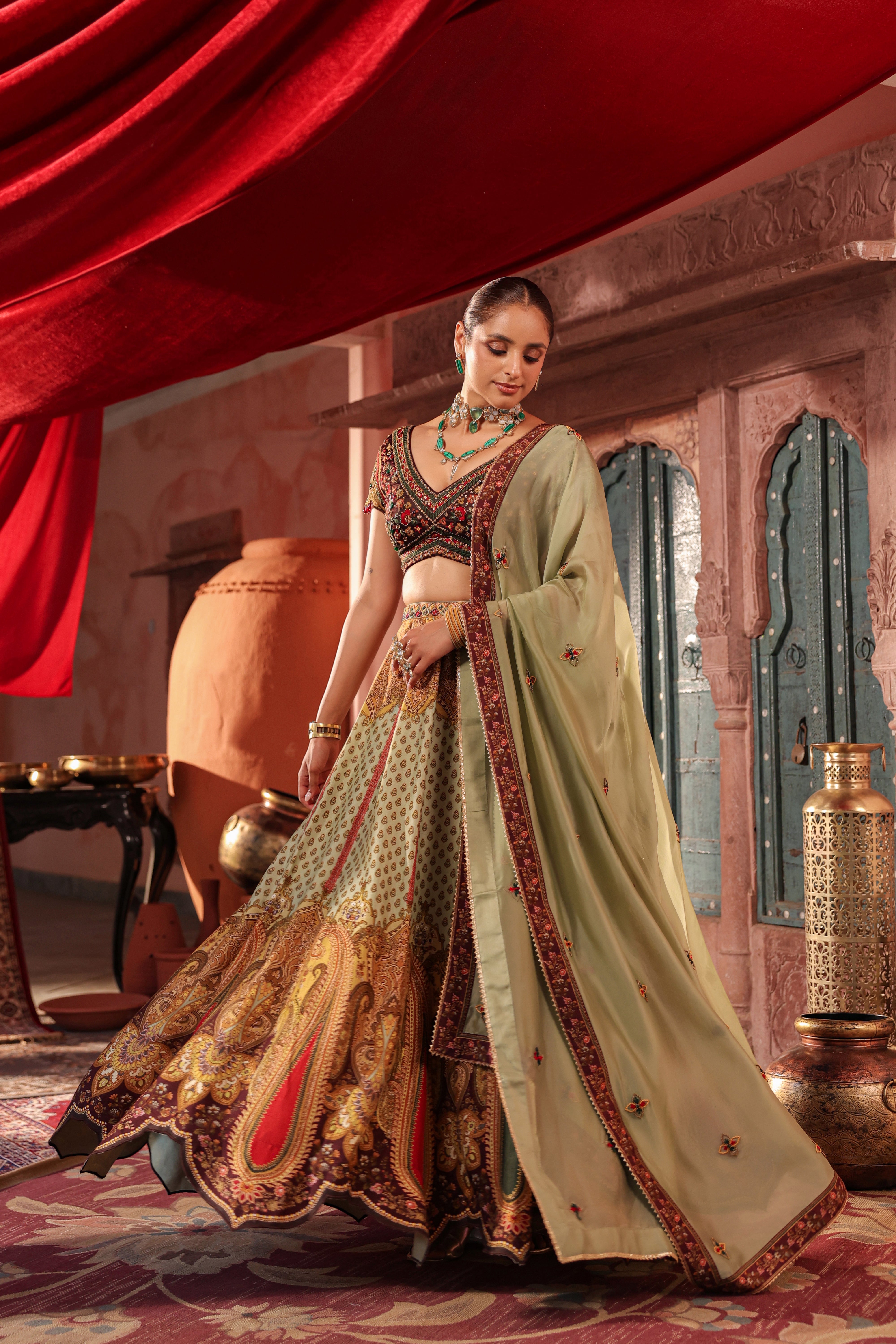 Sage Green Embellished Raw Silk Lehenga Set