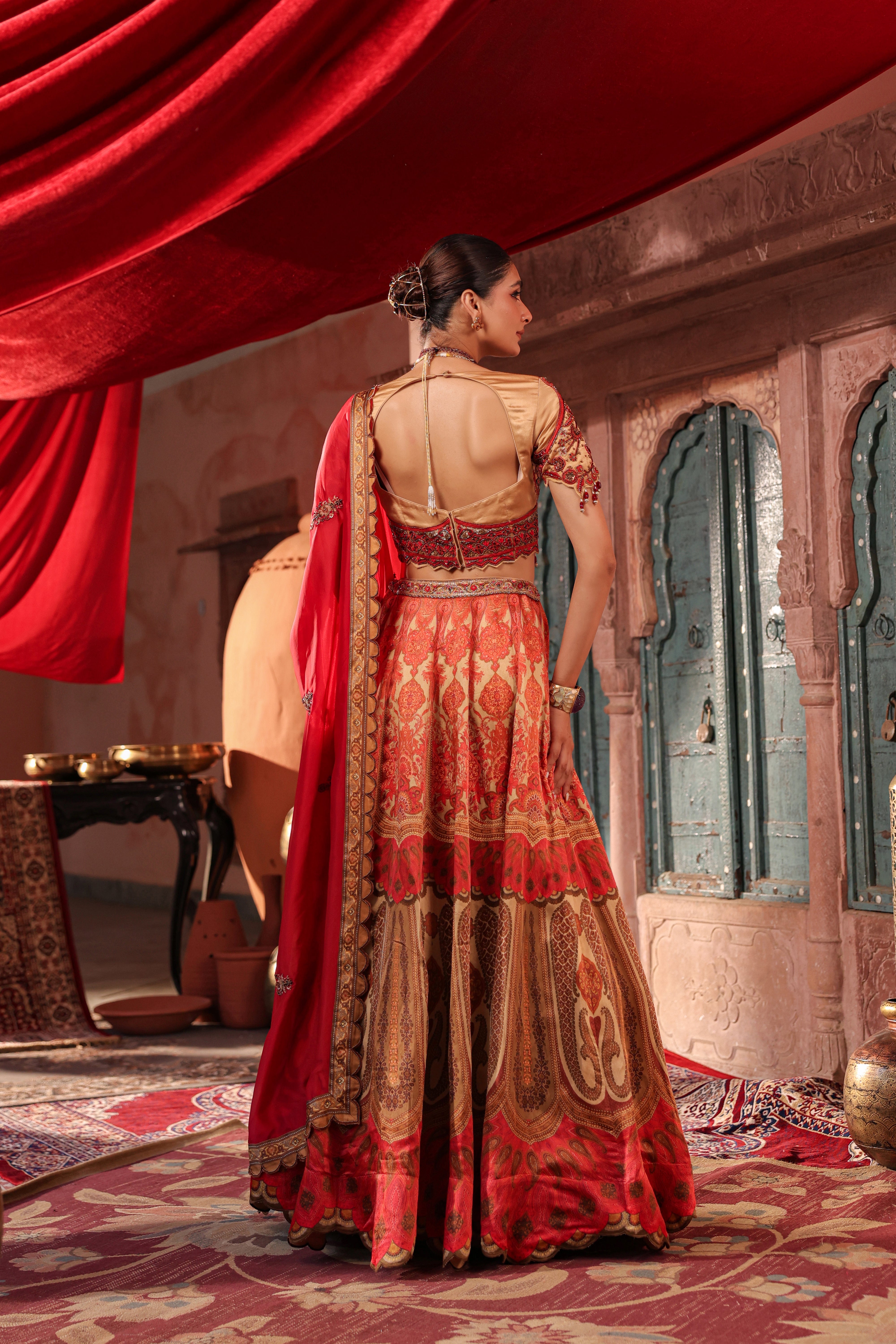 Coral Gold Embellished Raw Silk Lehenga Set