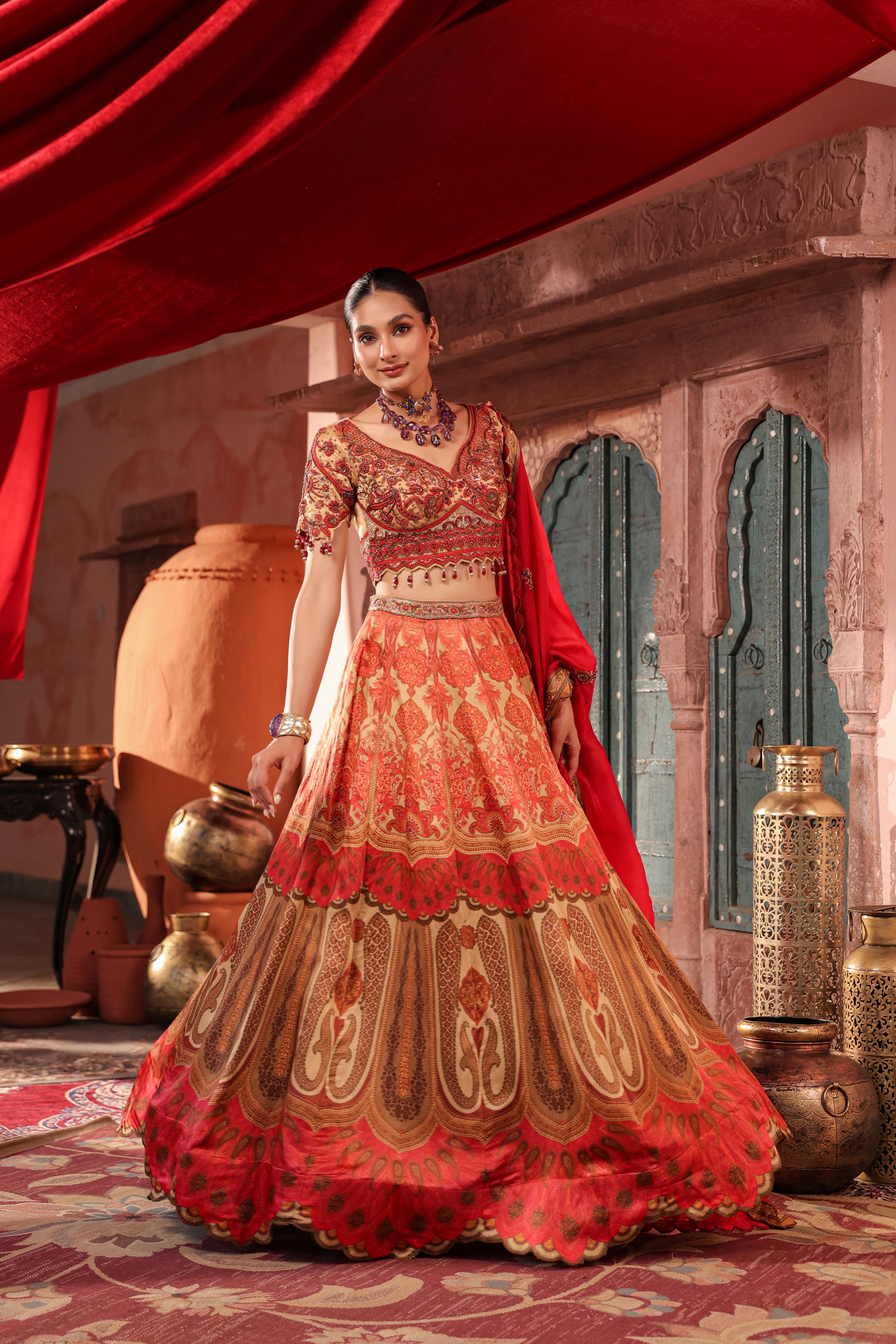 Coral Gold Embellished Raw Silk Lehenga Set