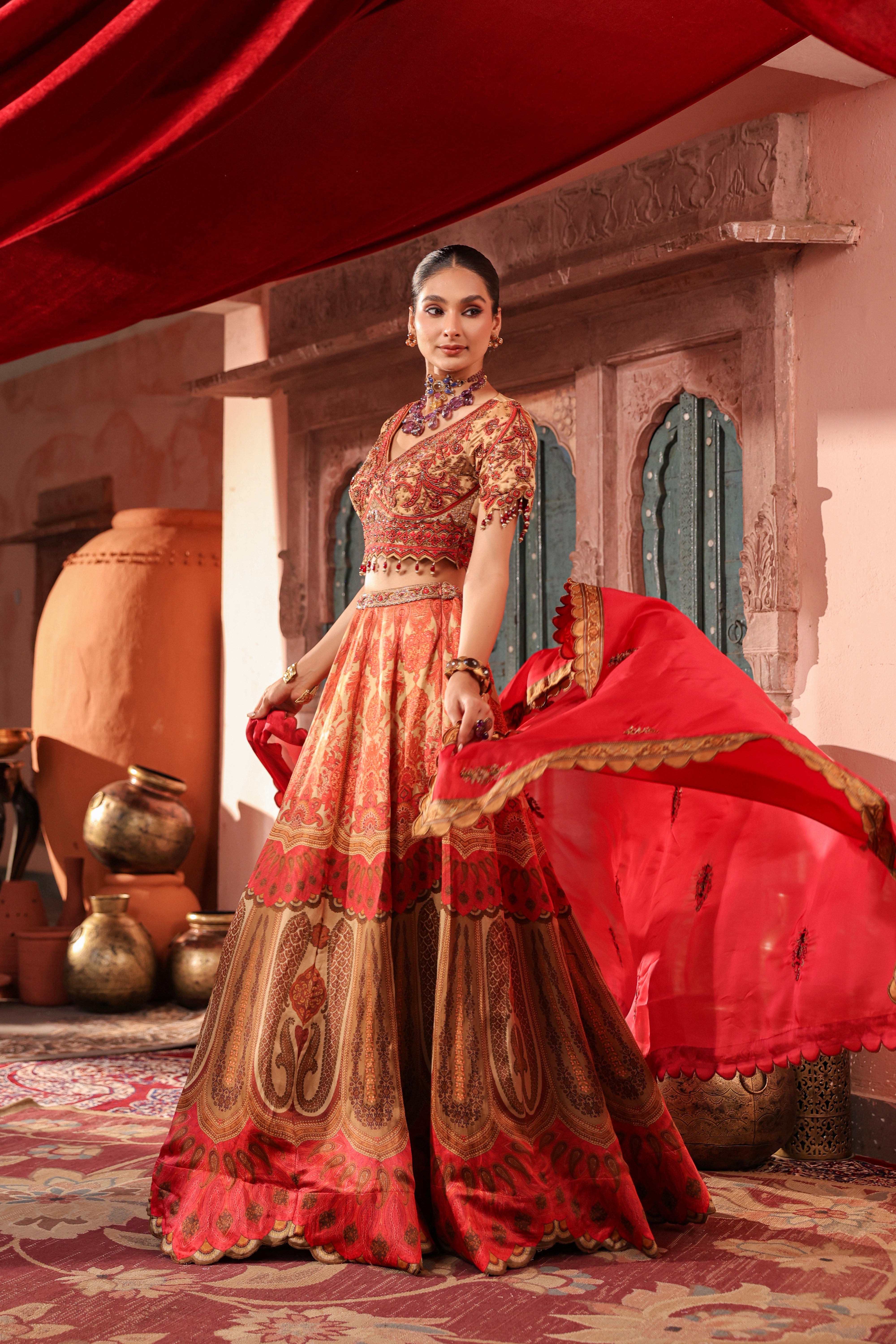 Coral Gold Embellished Raw Silk Lehenga Set
