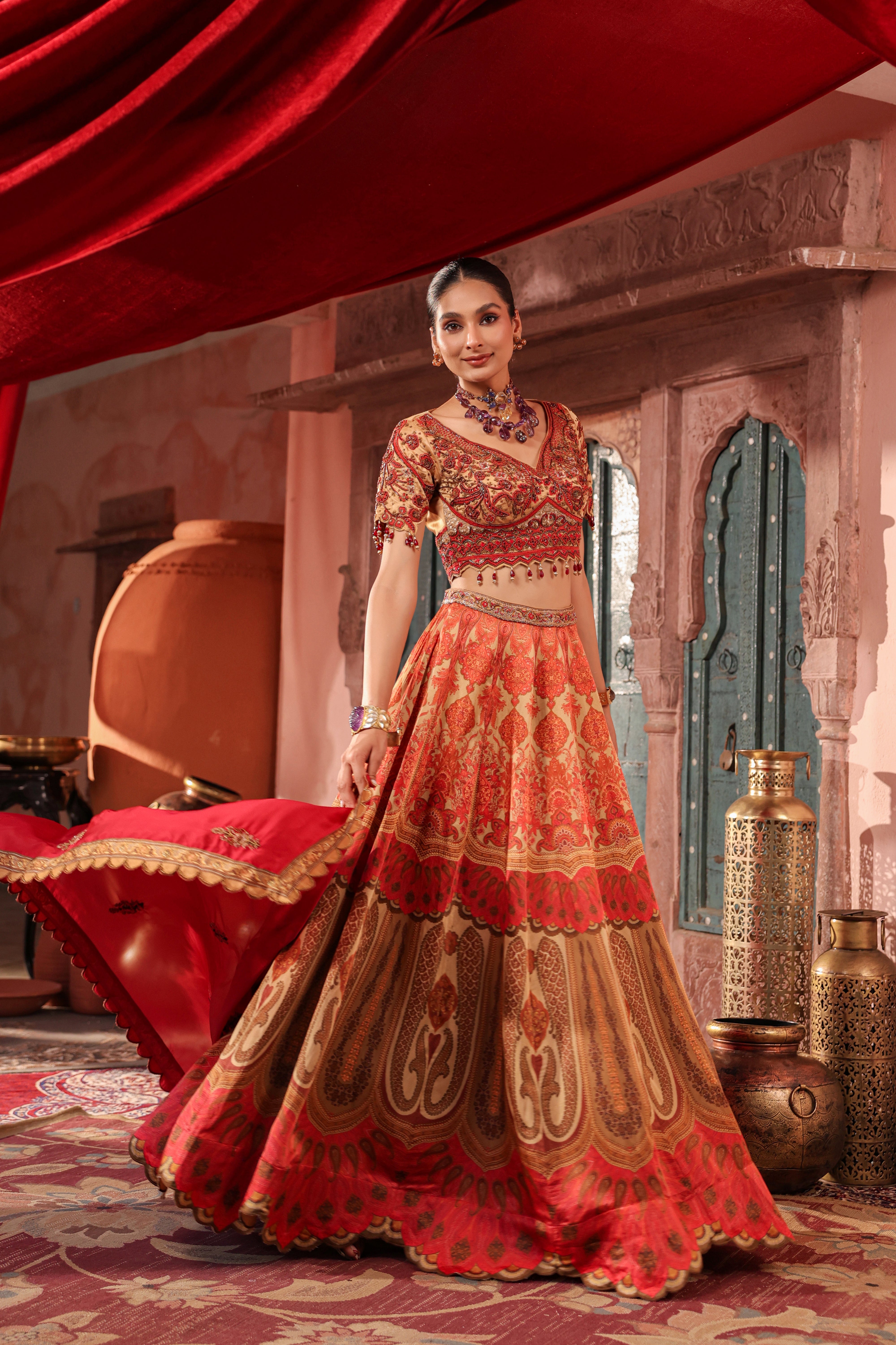 Coral Gold Embellished Raw Silk Lehenga Set