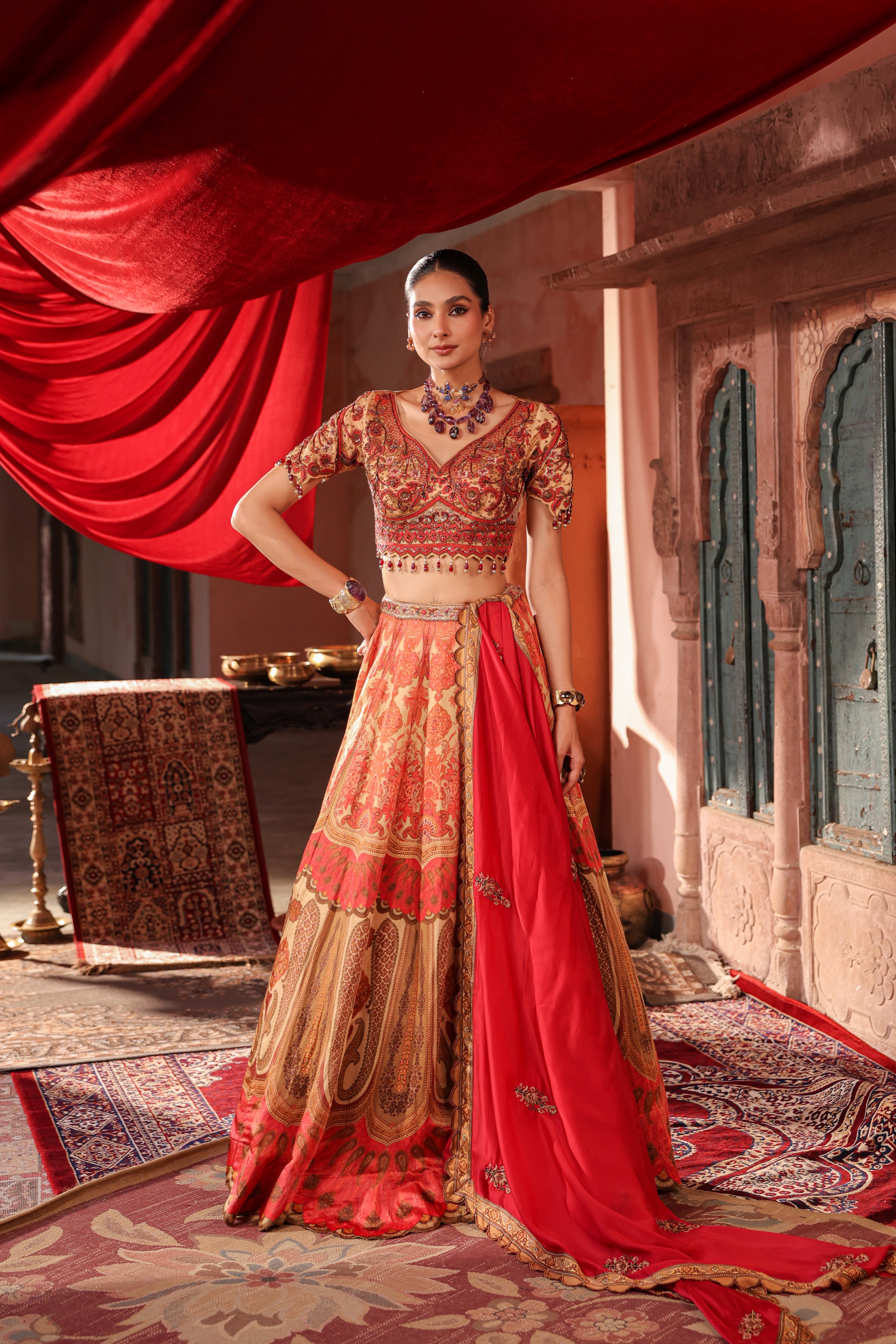 Coral Gold Embellished Raw Silk Lehenga Set