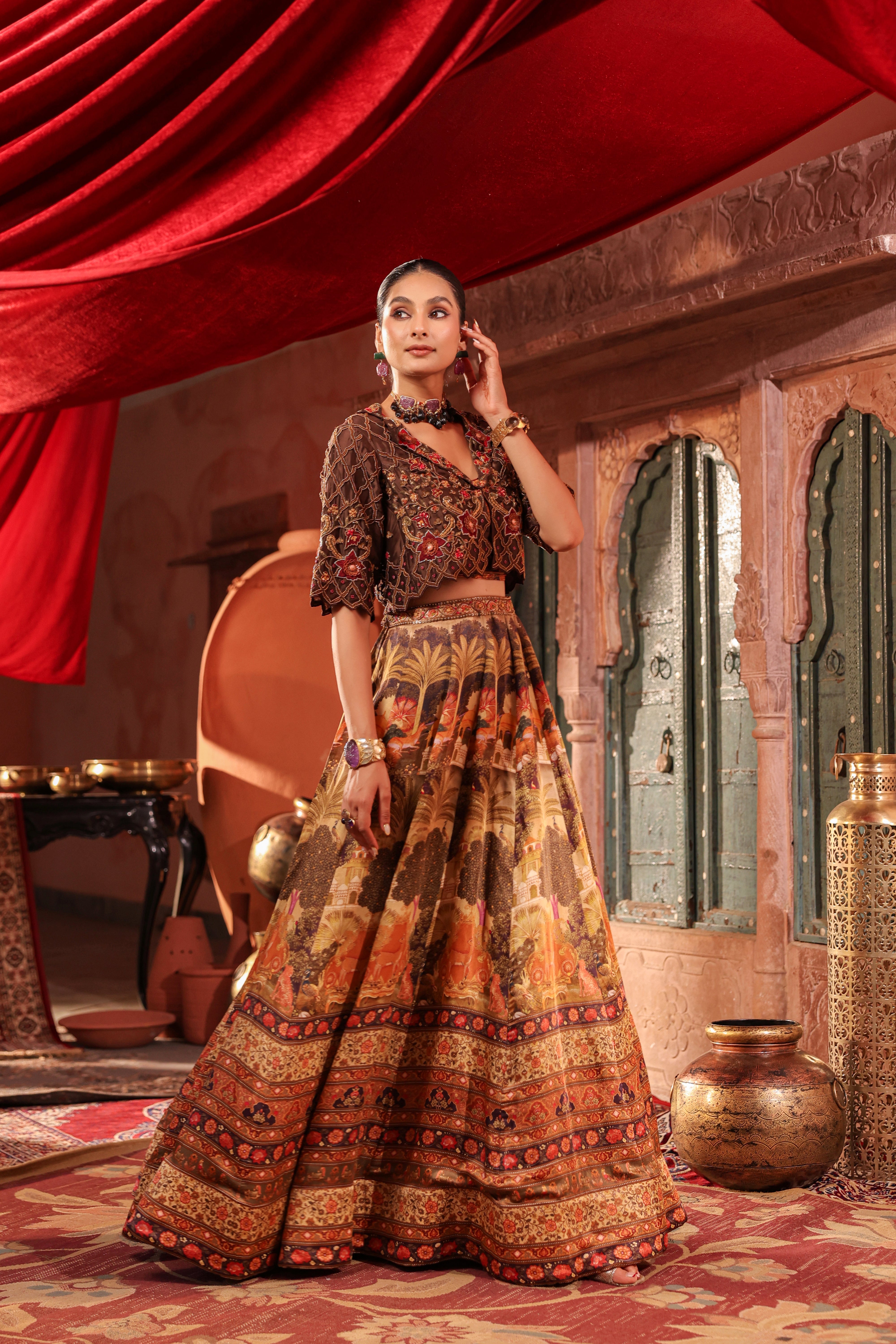 Deep Brown Embellished Raw Silk Lehenga Set