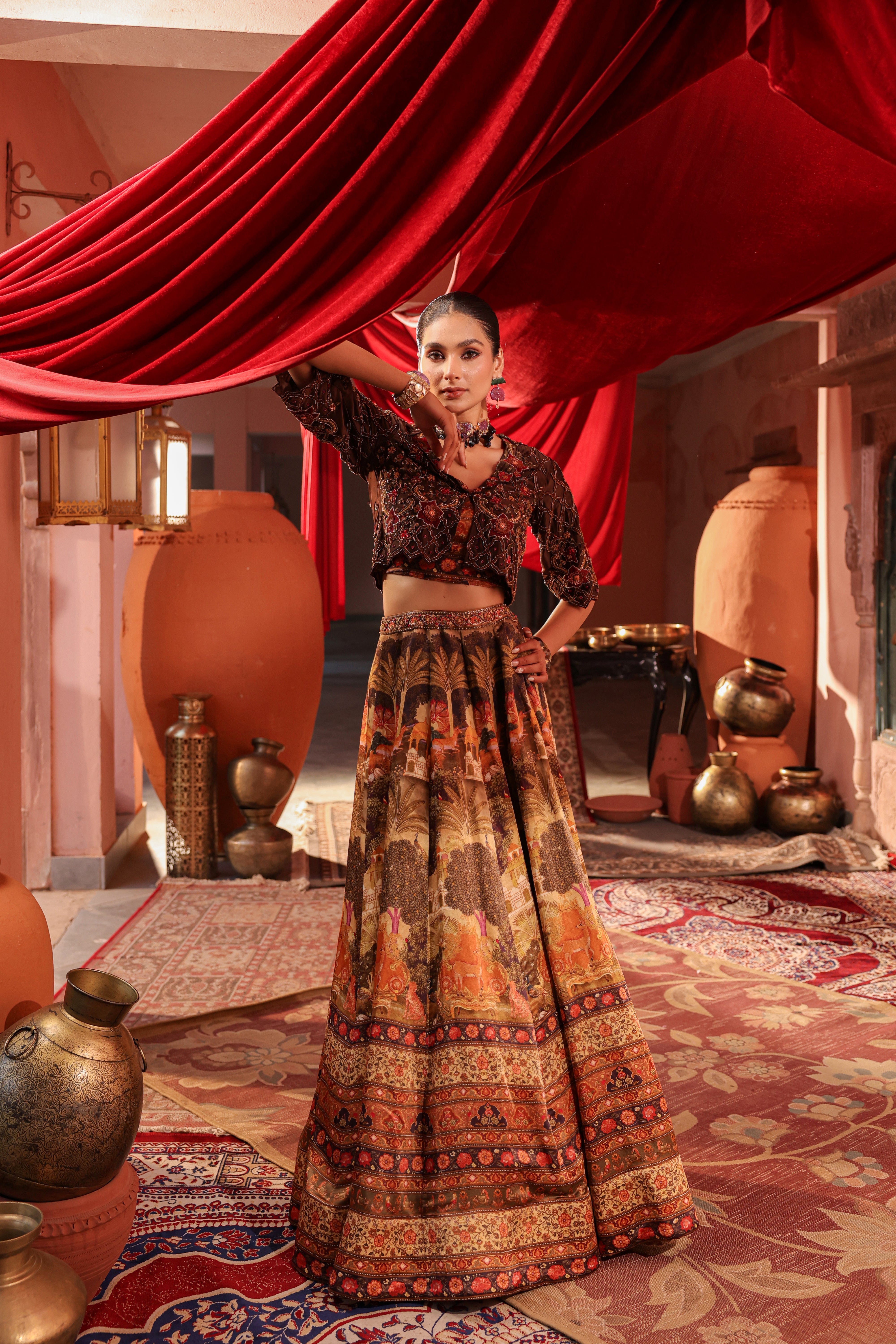 Deep Brown Embellished Raw Silk Lehenga Set