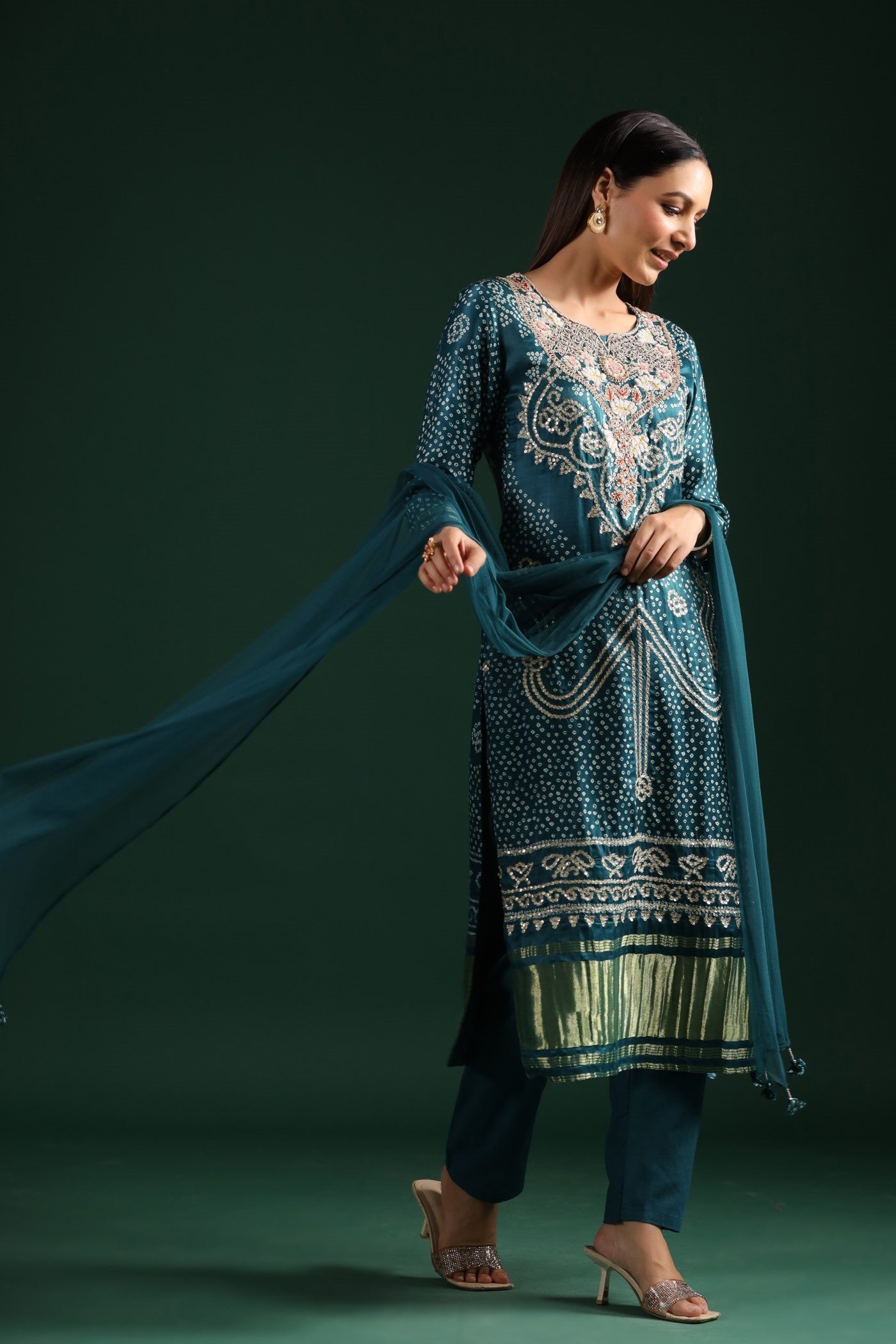 Teal Blue Bandhani Embroidered Kurta Set