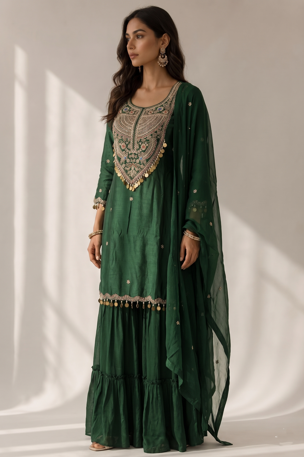 Dark Green Embellished Georgette Silk Sharara Set