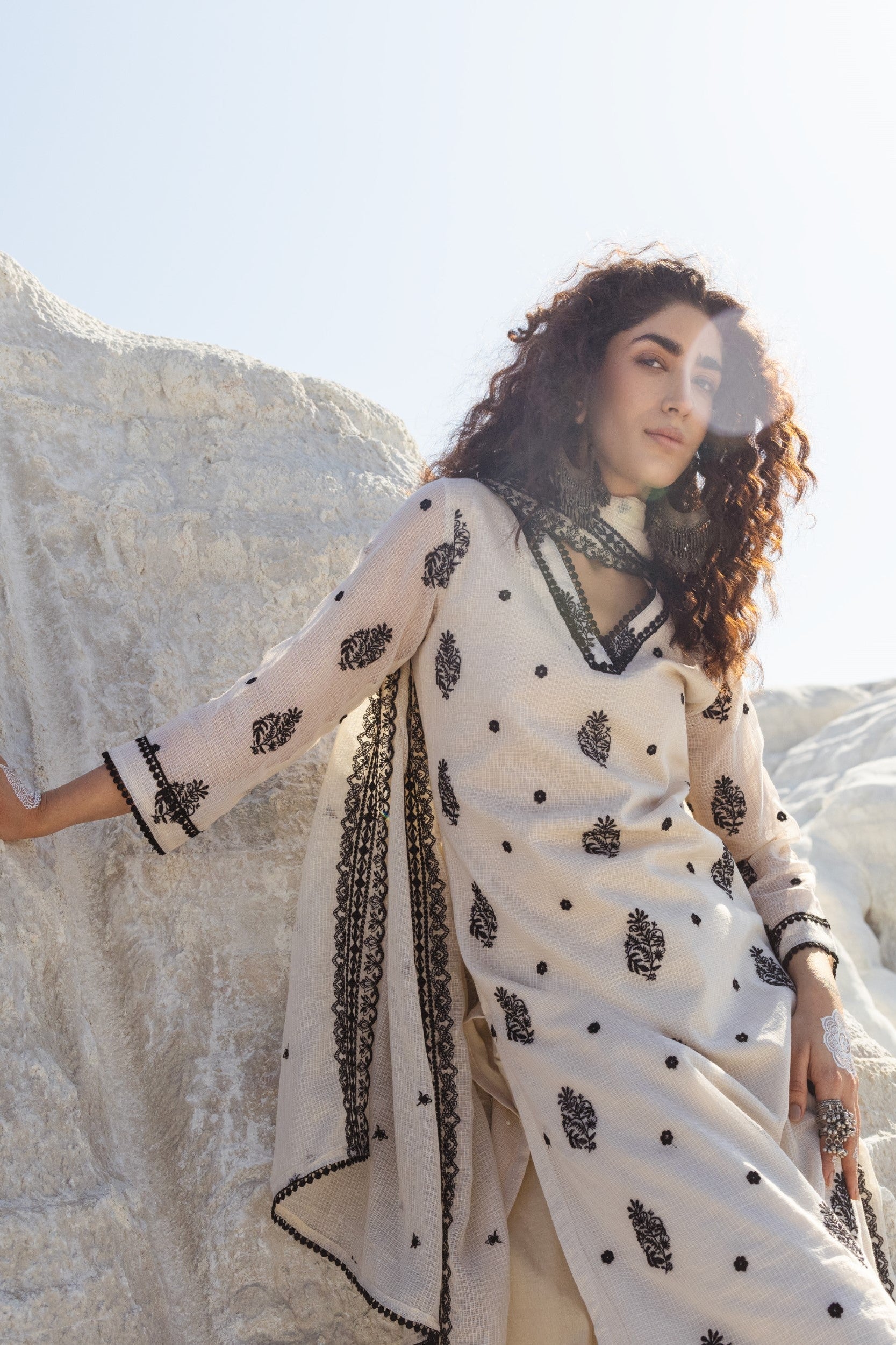 Ivory Embroidered Kota Doria Pant Set